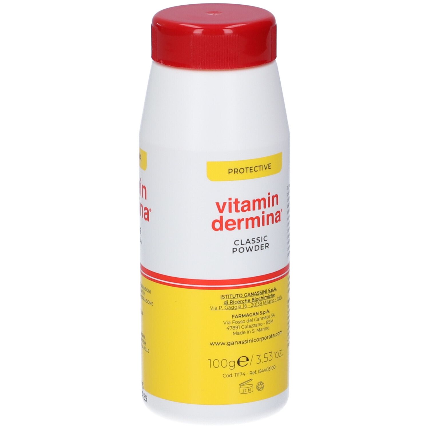 Vidermina Vitamin Dermina Polvere Classica: Contenitore bianco con tappo rosso, etichetta gialla, 100g/3.53 oz.