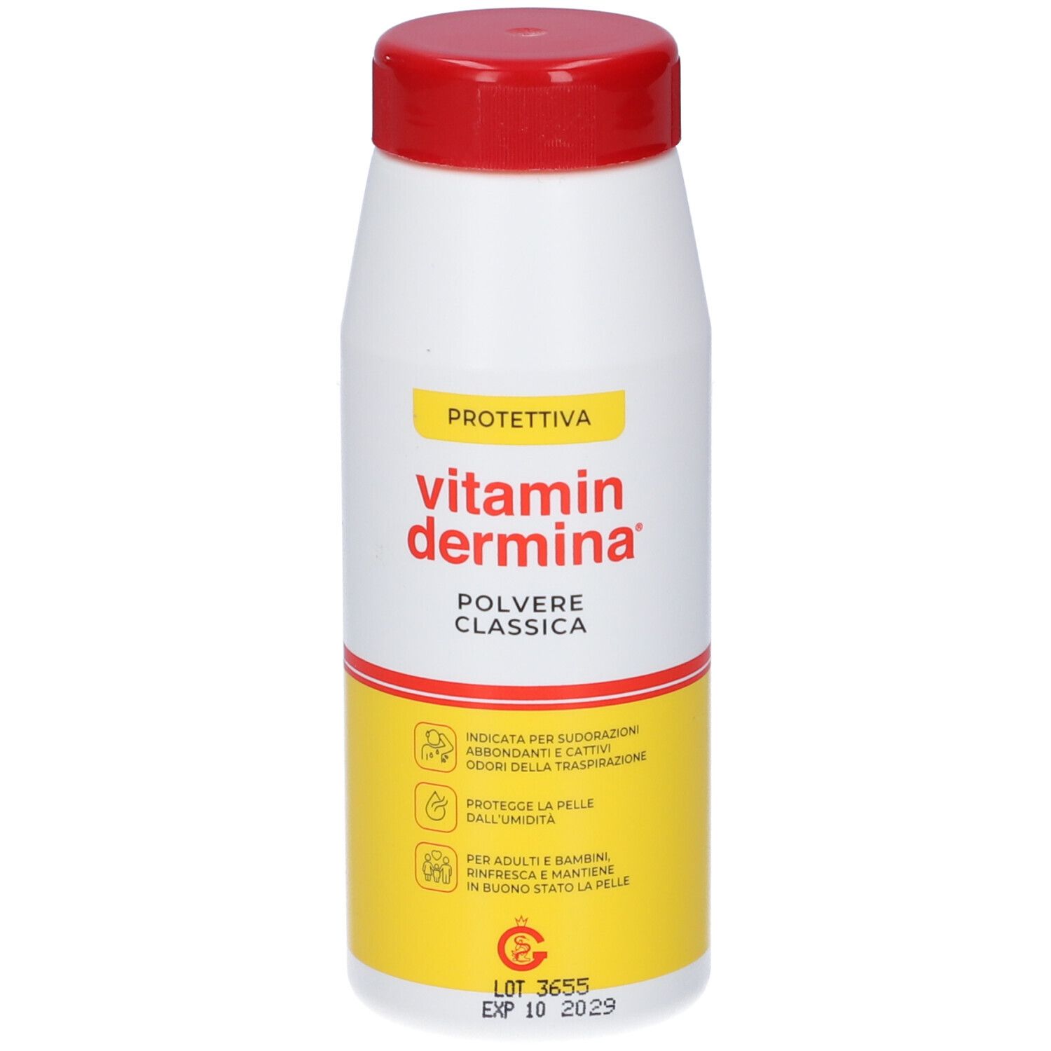 Vidermina Vitamin Dermina Polvere Classica: Contenitore con tappo rosso, etichetta gialla con simboli protettivi.