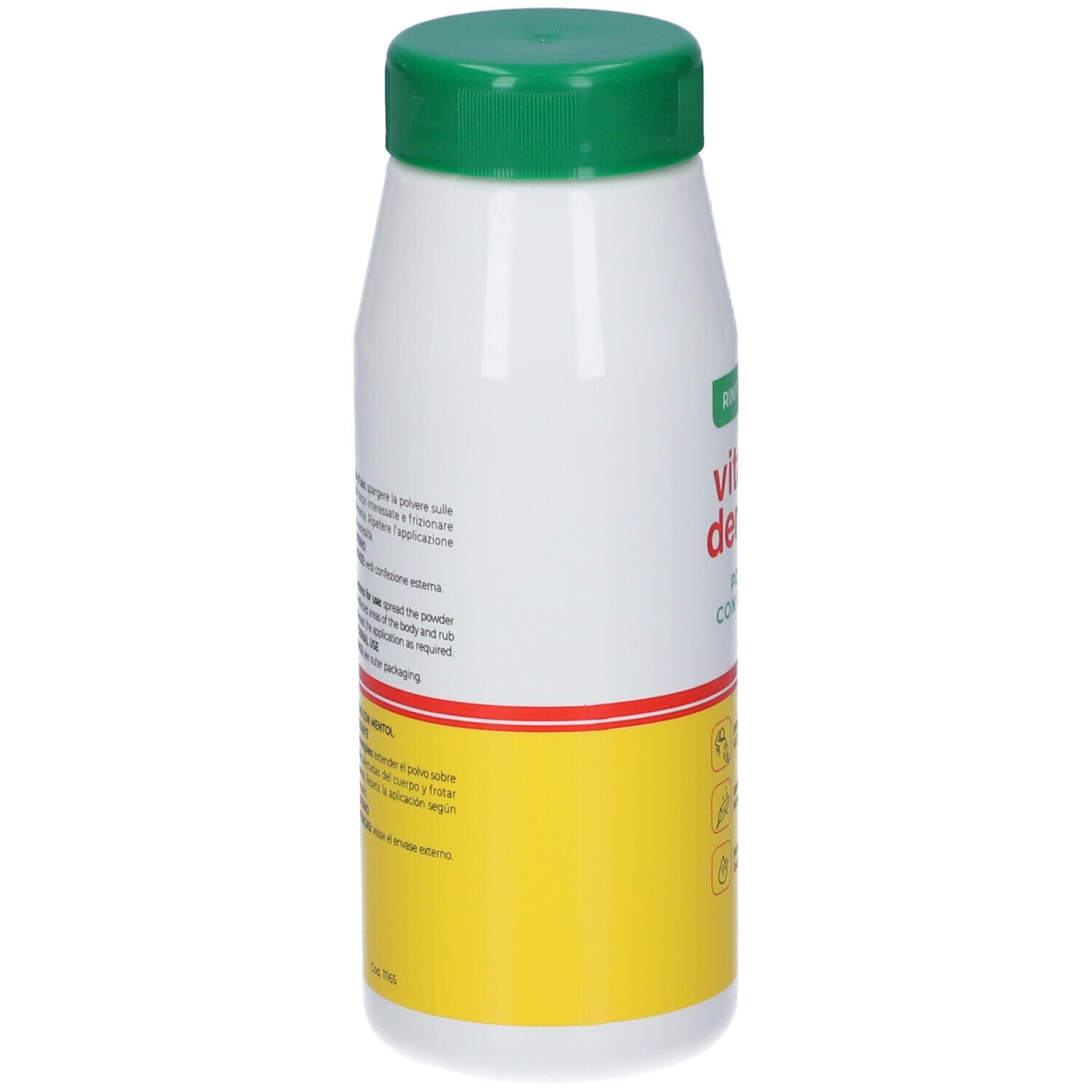 Retro del flacone. Bianco-verde con sezione gialla. Testo in italiano. Striscia rossa.