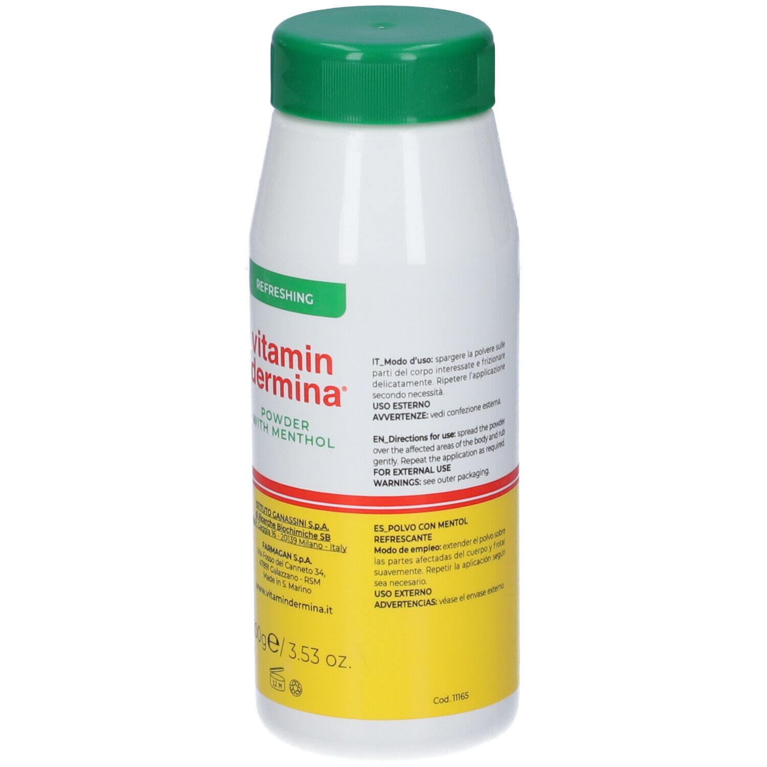 Flacone bianco, verde e giallo. Testo in italiano e inglese. Peso: 3.53 oz.