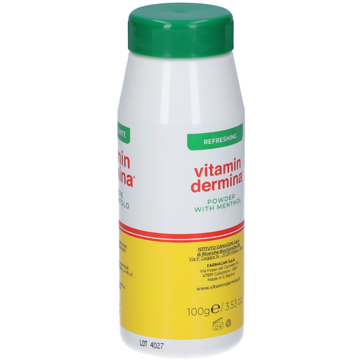 Flacone bianco, verde e giallo. Testo in italiano e inglese. Peso: 100g/3.53 oz.