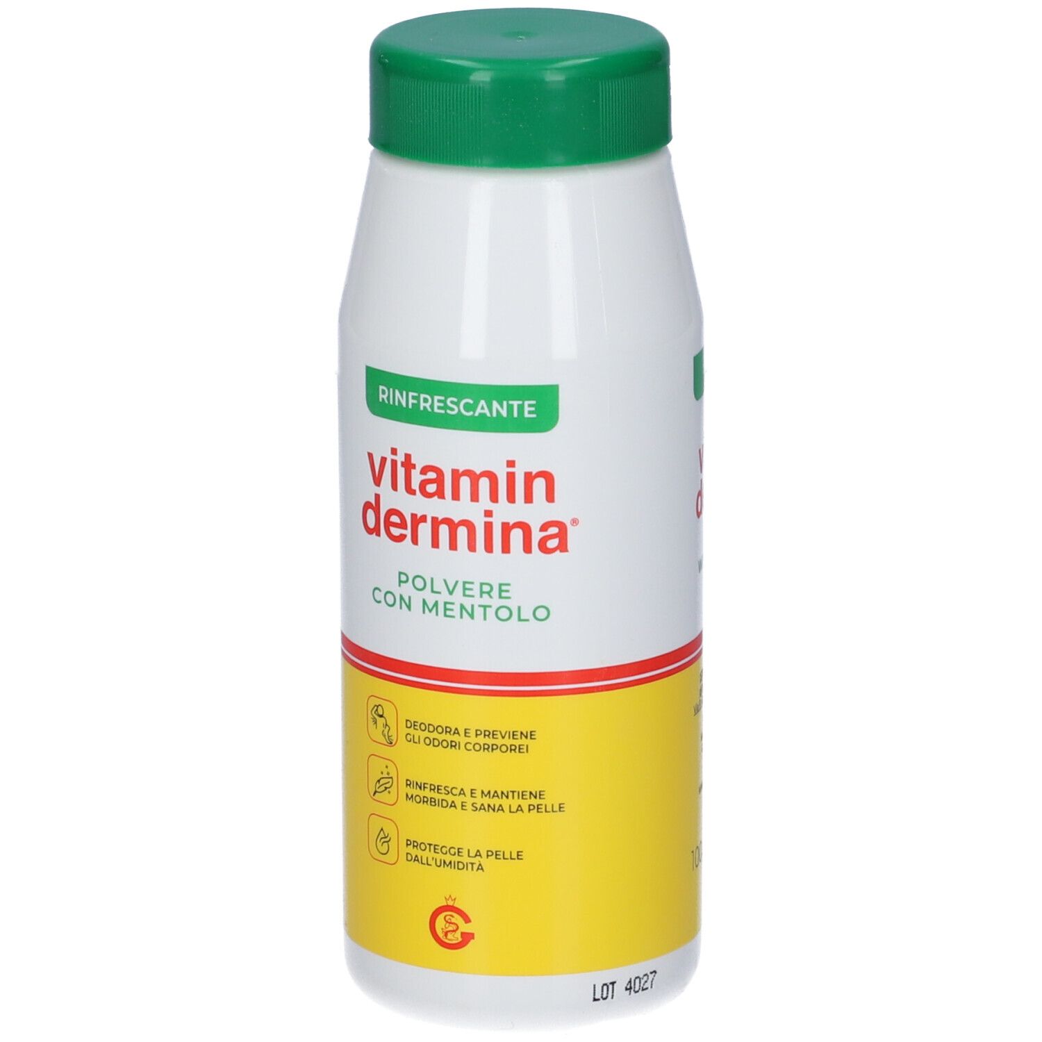 Flacone bianco-verde con sezione gialla. Scritta: Vitamindermina, Polvere con Mentolo. Simboli e testo.