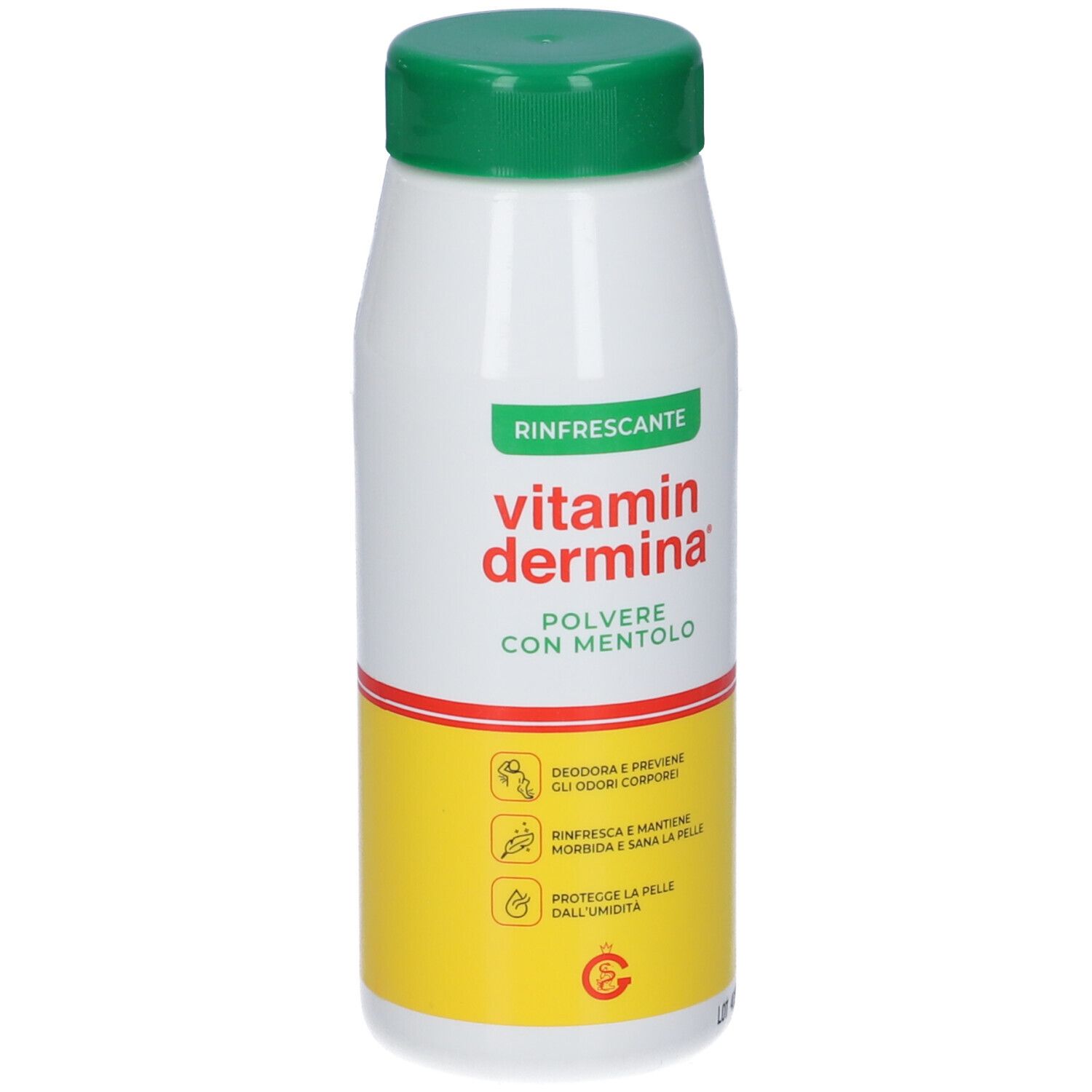 Flacone bianco-verde con sezione gialla. Scritta: Vitamindermina, Polvere con Mentolo. Simboli e testo.