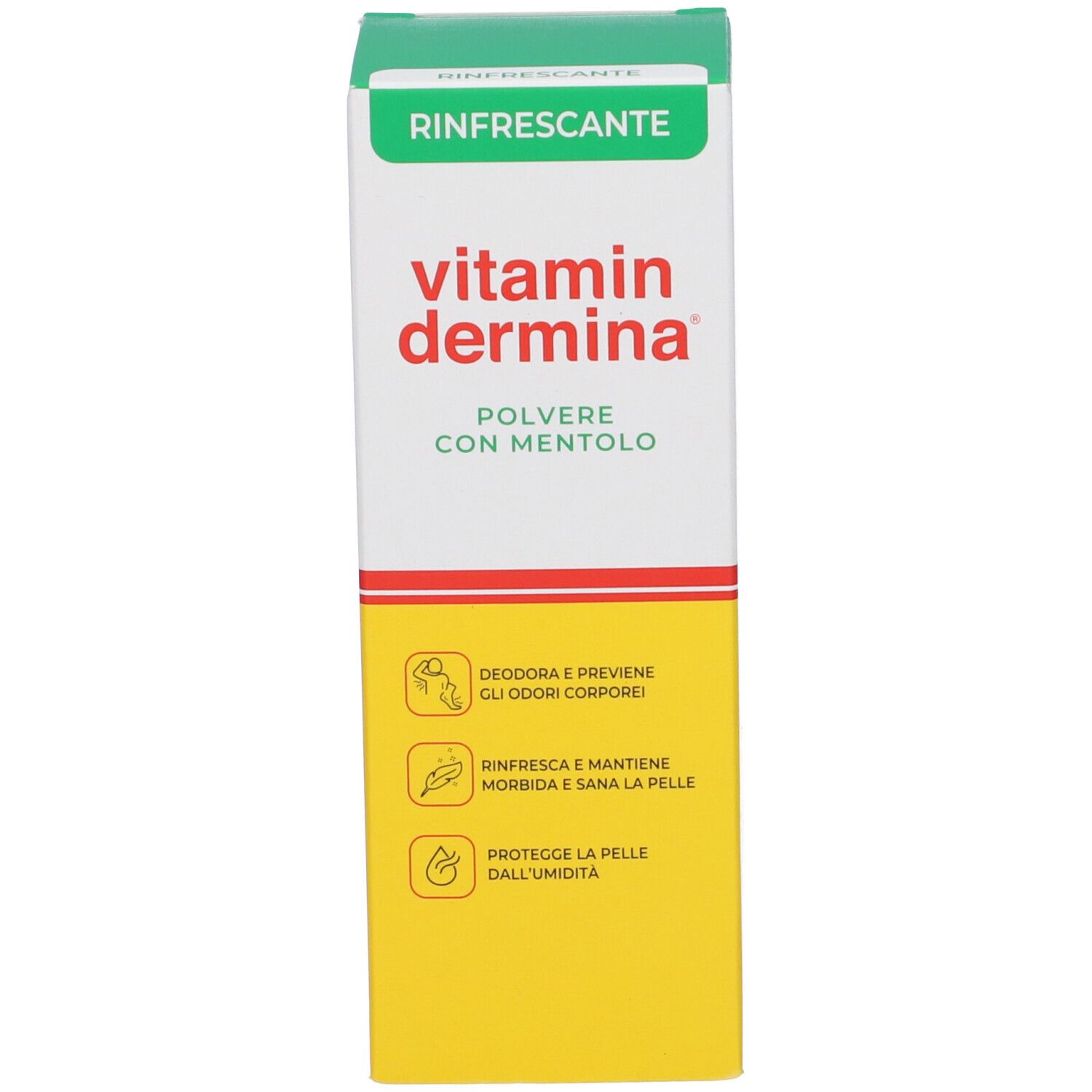 Confezione del prodotto. Bianco, verde e giallo. Scritta: Vitamindermina, Polvere con Mentolo. Simboli e testo.