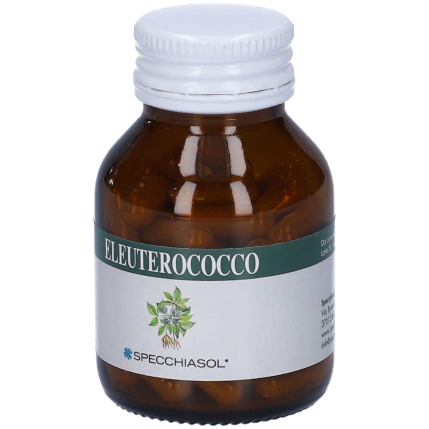 Flacone di vetro marrone con tappo bianco. Etichetta con ELEUTEROCOCCO e logo. Capsule visibili.