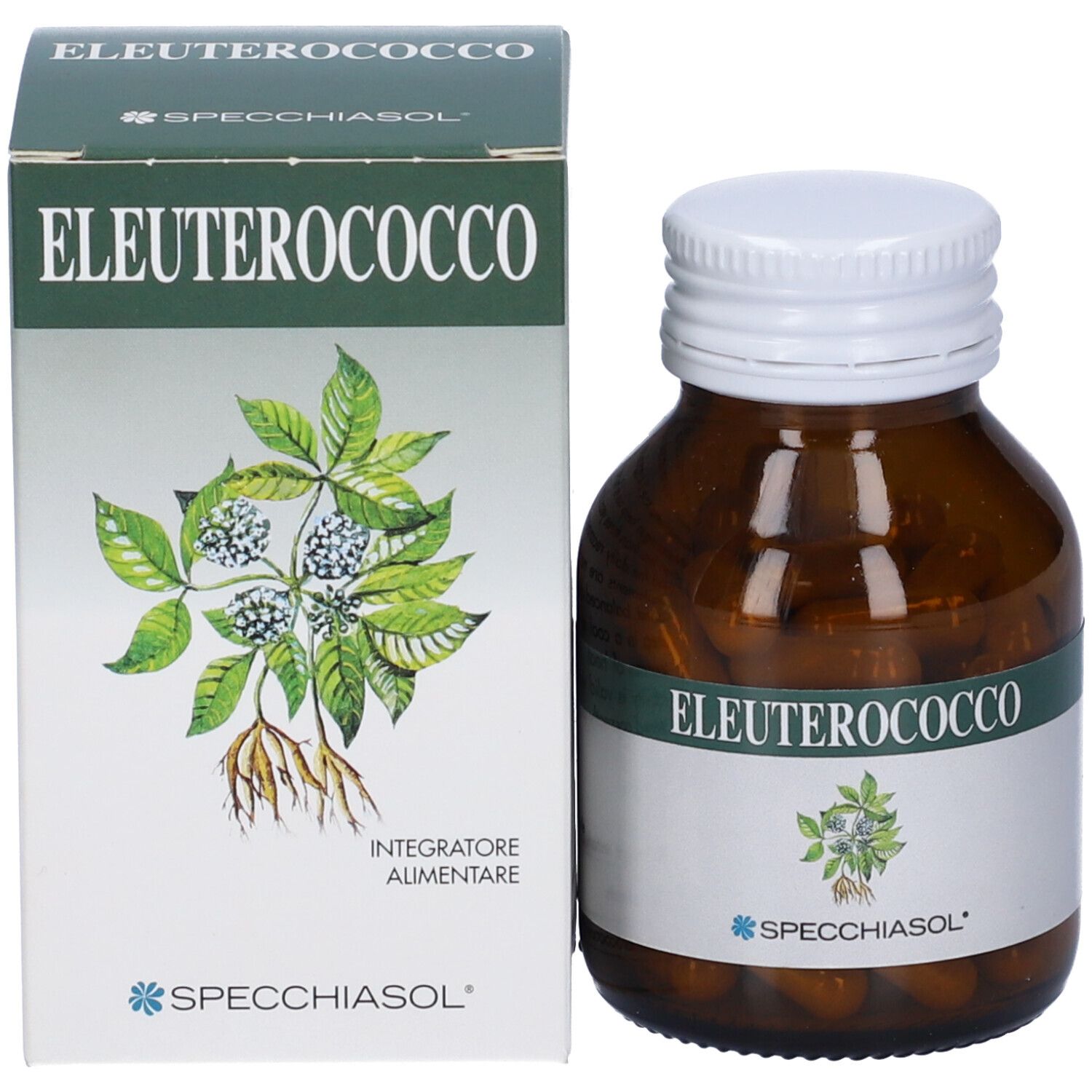 Flacone di vetro marrone e scatola. Scritta ELEUTEROCOCCO e logo. Capsule e confezione visibili.