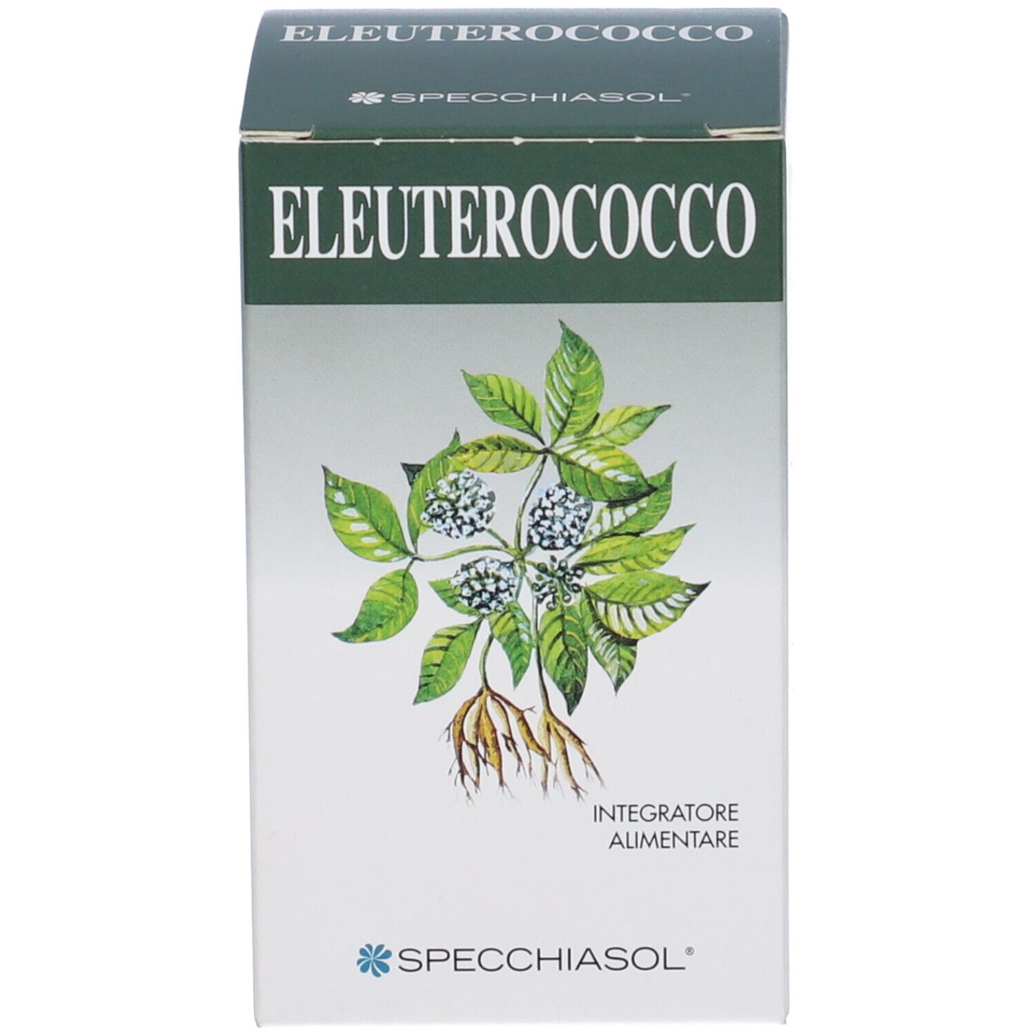Scatola con scritta ELEUTEROCOCCO e logo. Illustrazione di foglie e radici.