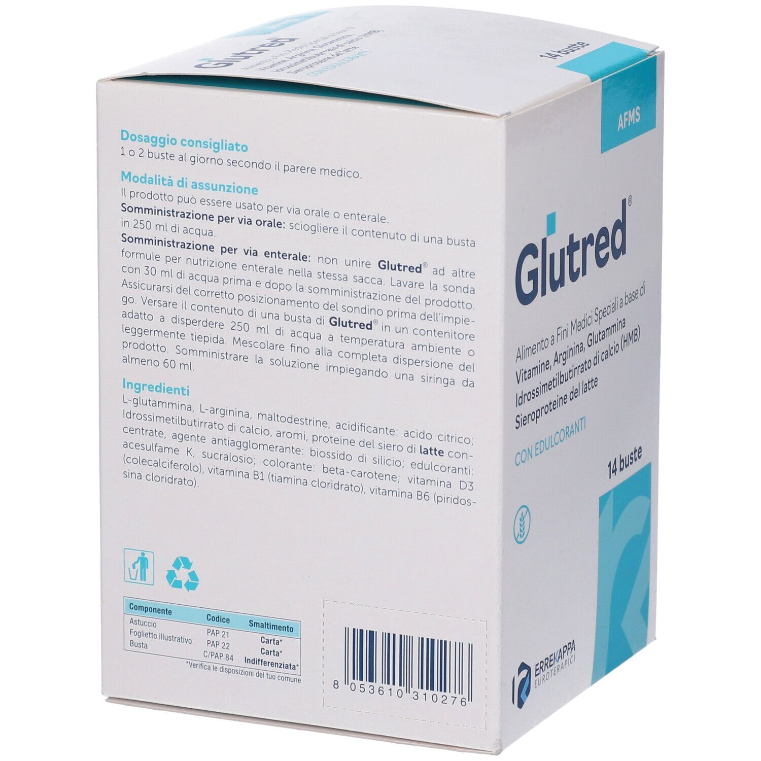 Retro della confezione Glutred. Contiene informazioni su dosaggio, modalità d'uso e ingredienti. Codice a barre.