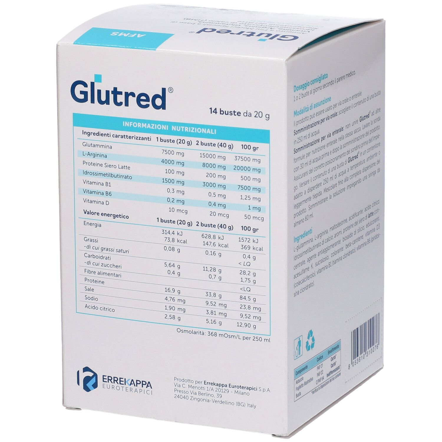 Confezione Glutred con informazioni nutrizionali. Tabelle con informazioni nutrizionali per bustina e per 100g.