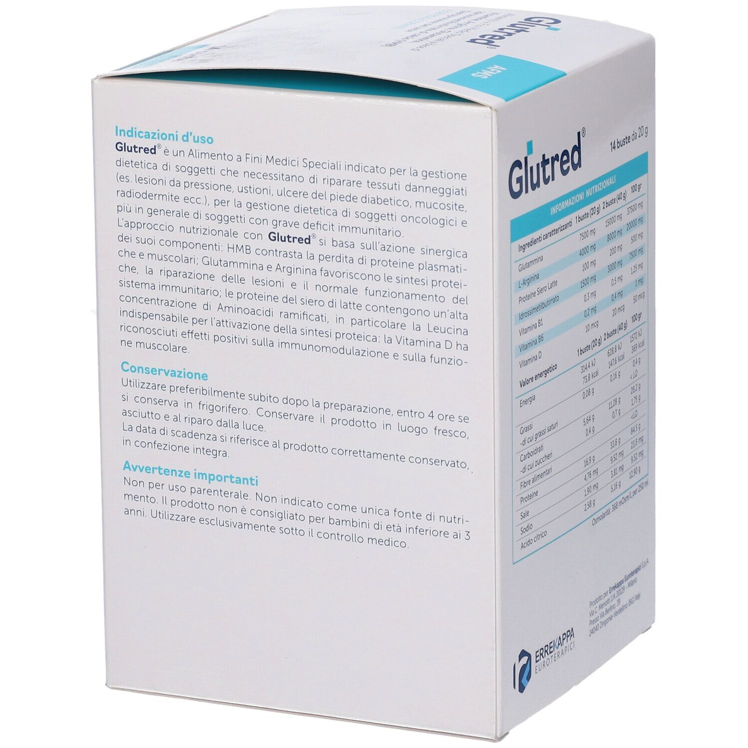 Lato della confezione Glutred con istruzioni per l'uso. Contiene informazioni sull'uso e avvertenze.