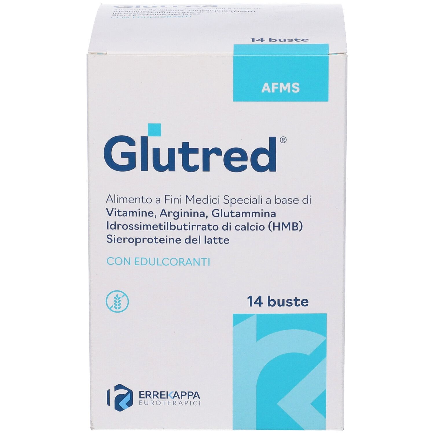 Confezione Glutred, 14 bustine. Confezione bianca e blu con nome del prodotto e ingredienti. Logo Errekappa.