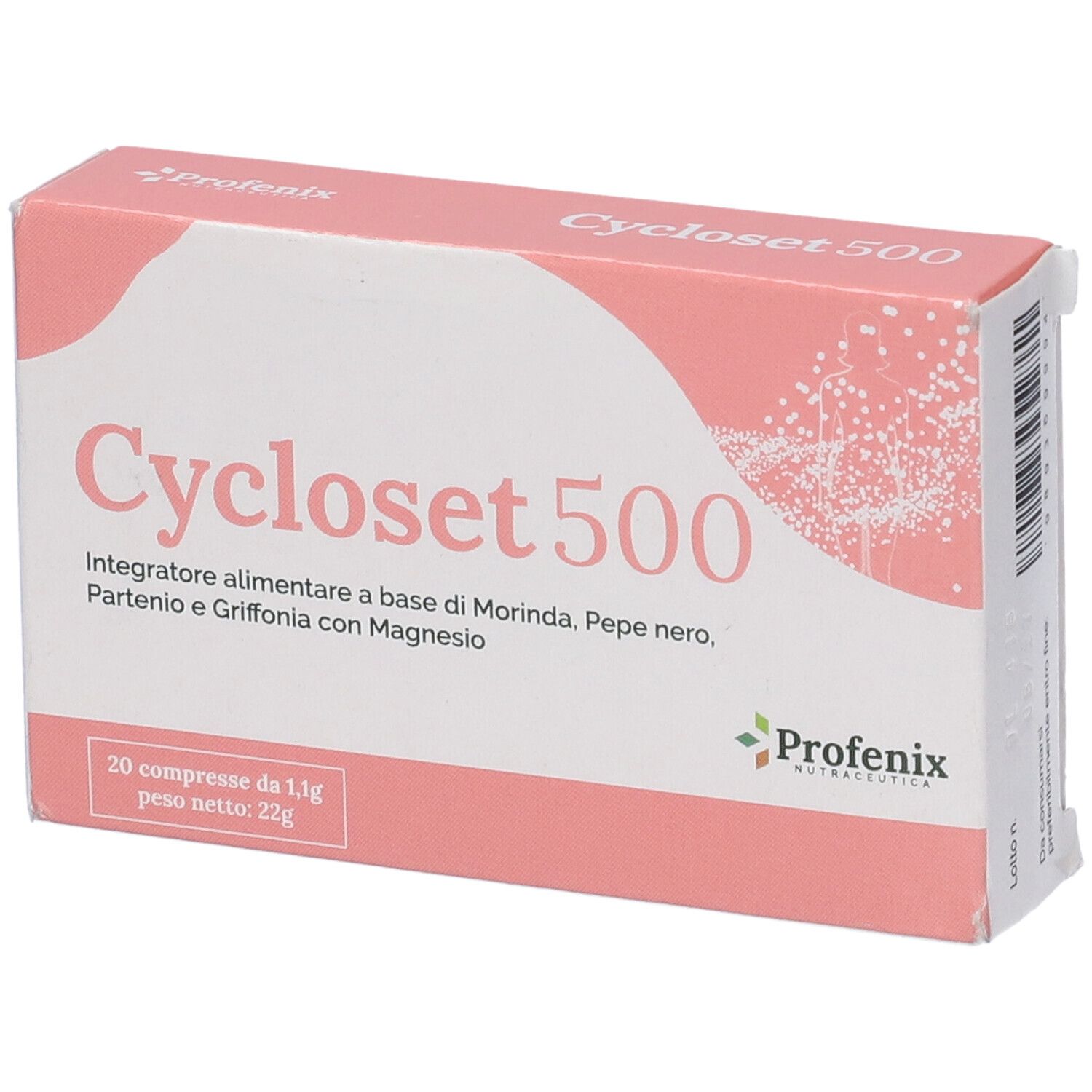 Scatola rosa e bianca 'Cycloset 500'. Contiene 20 compresse. Marchio: Profenix. Testo in italiano.