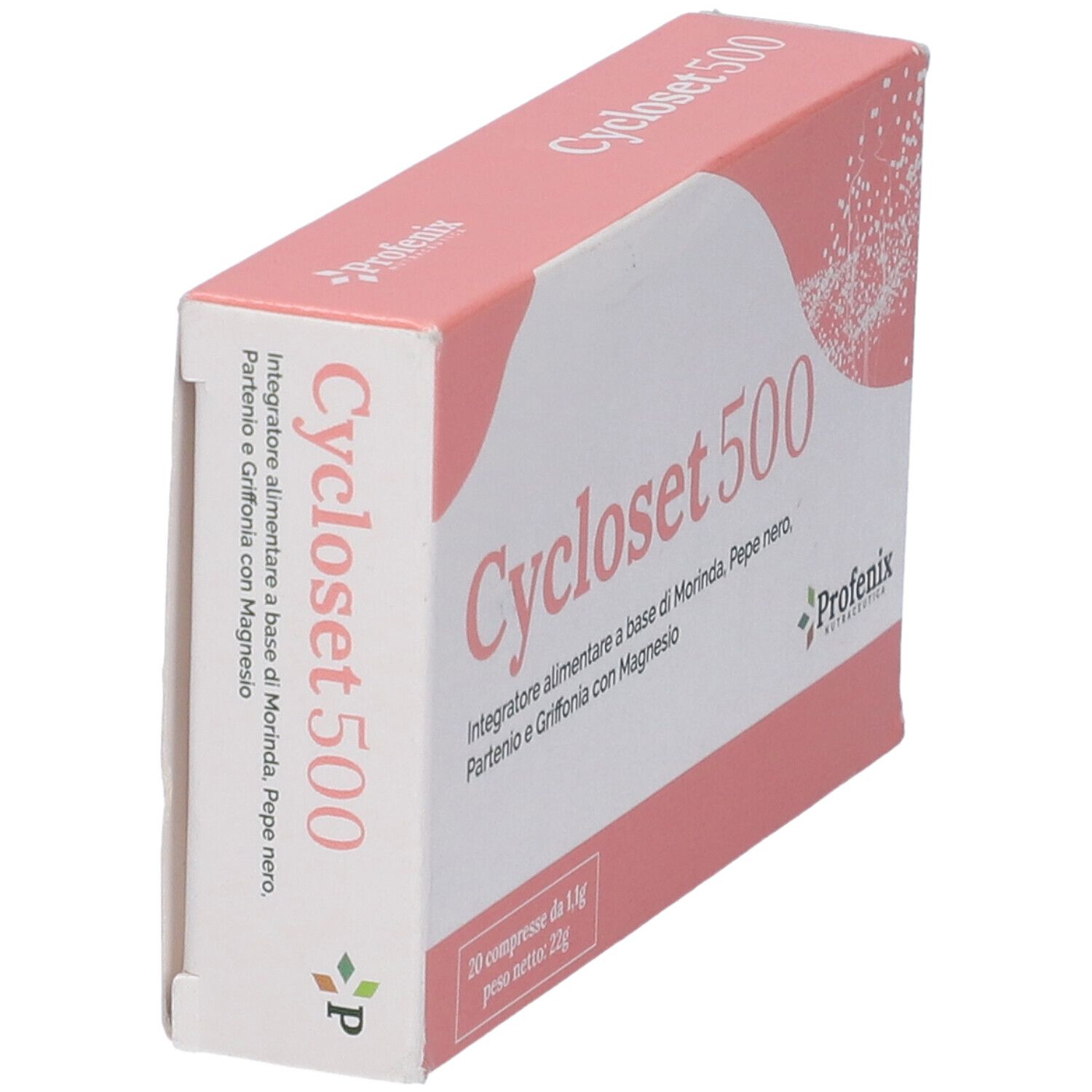 Scatola 'Cycloset 500' rosa e bianca. Contiene 20 compresse. Marchio: Profenix. Testo in italiano.
