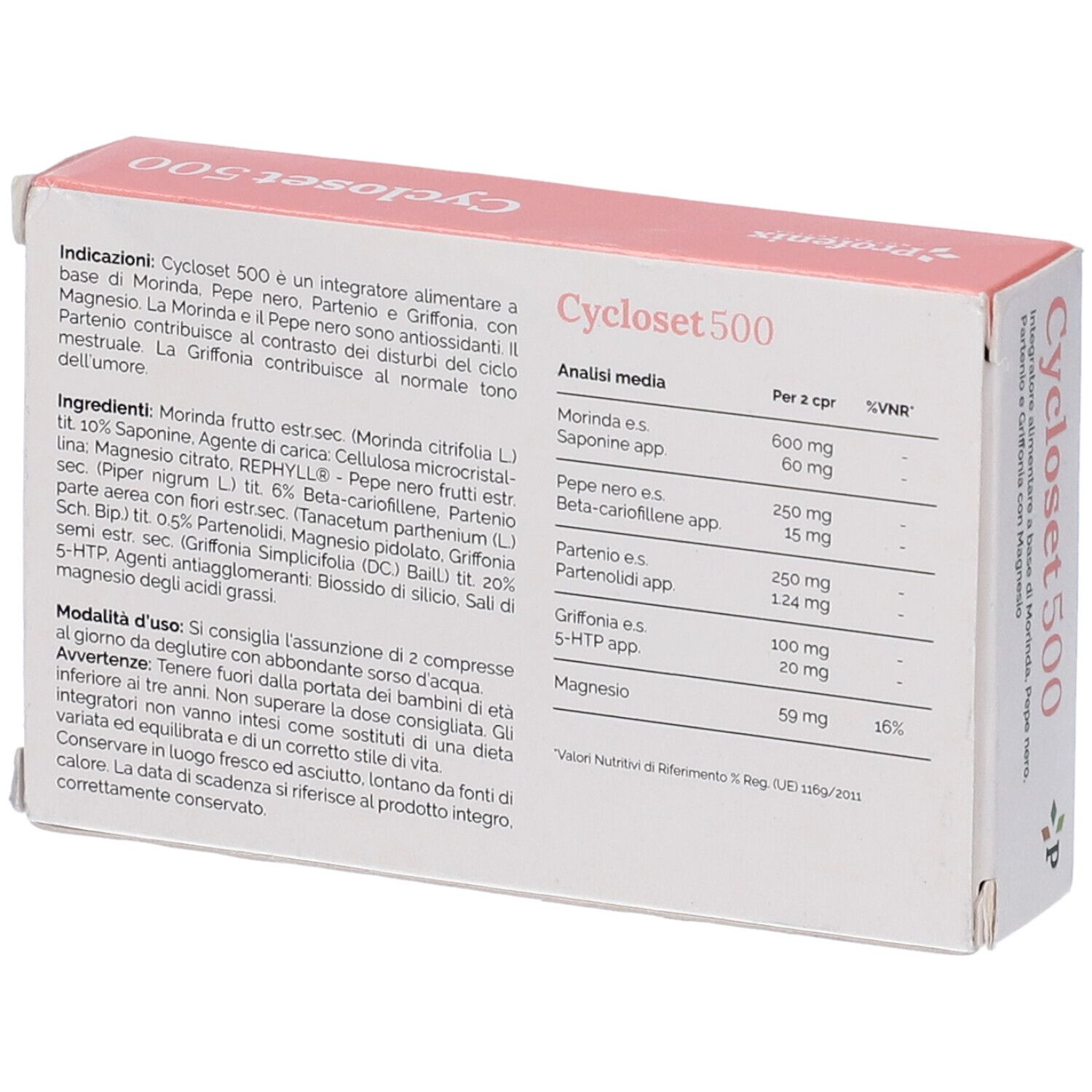 Retro della confezione 'Cycloset 500'. Informazioni su ingredienti e dosaggio. Testo in italiano.