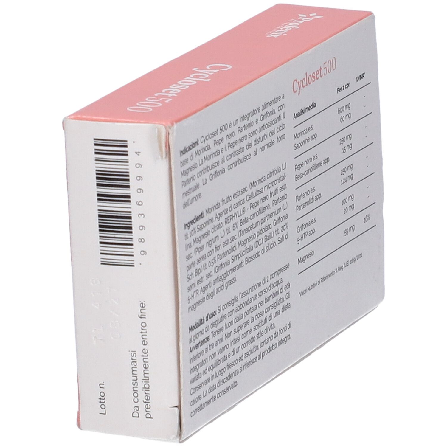 Retro della confezione 'Cycloset 500'. Informazioni e codice a barre. Testo in italiano.