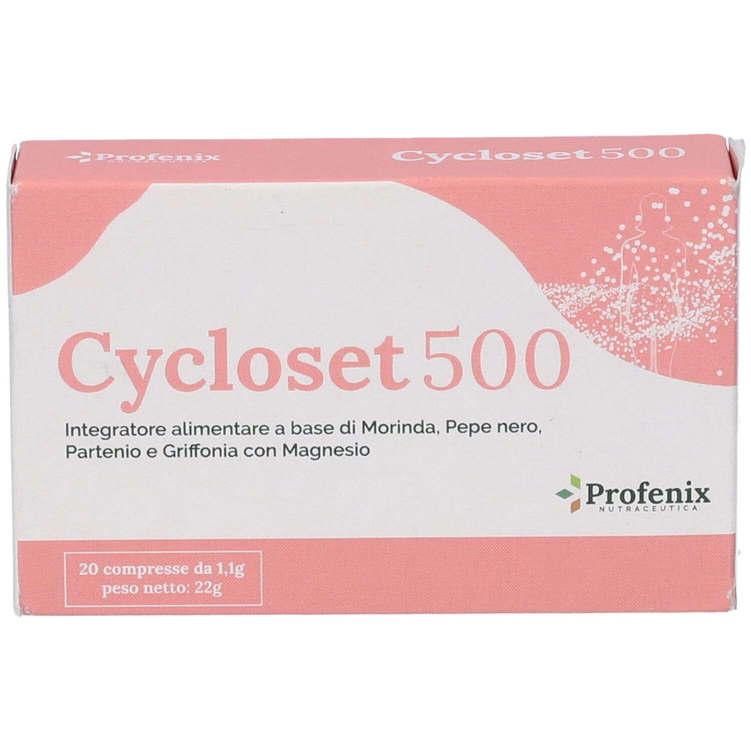 Scatola rosa e bianca 'Cycloset 500'. Contiene 20 compresse. Marchio: Profenix. Testo in italiano.