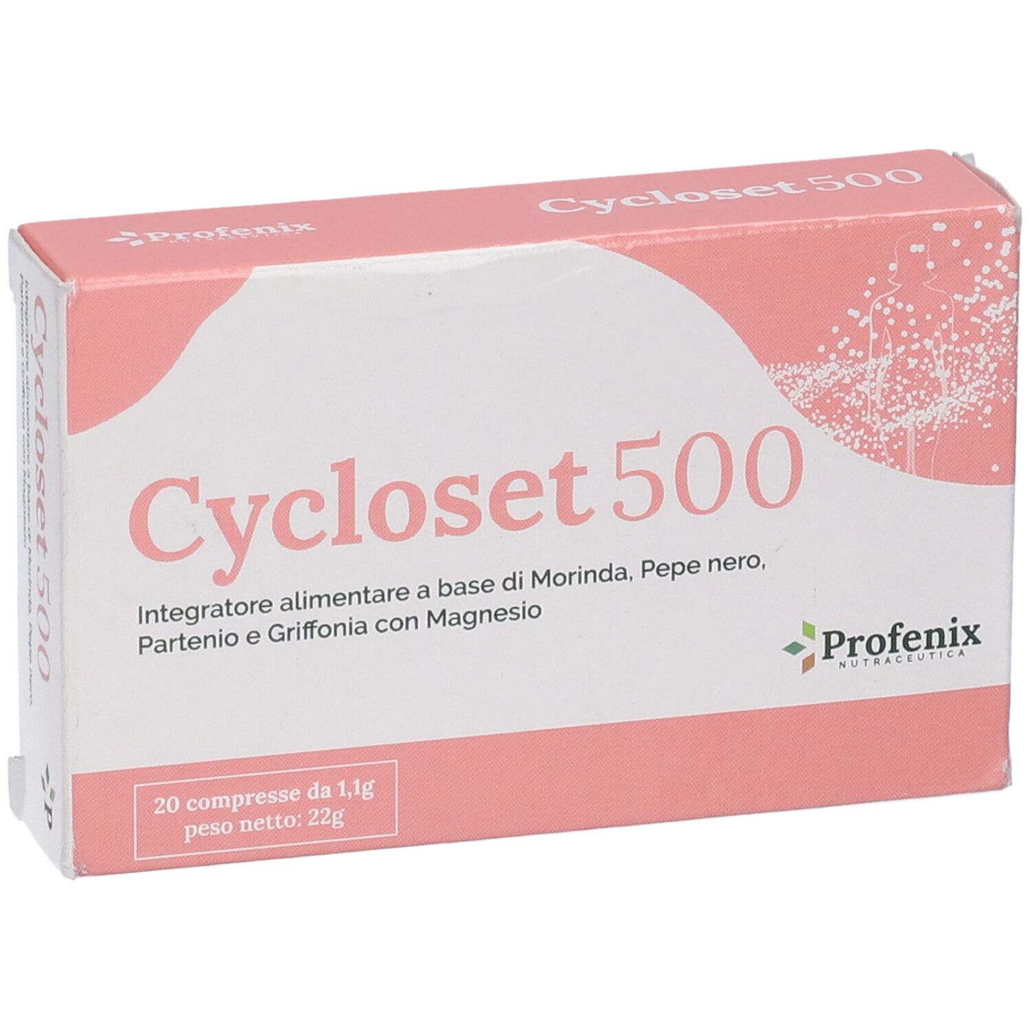 Scatola rosa e bianca 'Cycloset 500'. Contiene 20 compresse. Marchio: Profenix. Testo in italiano.