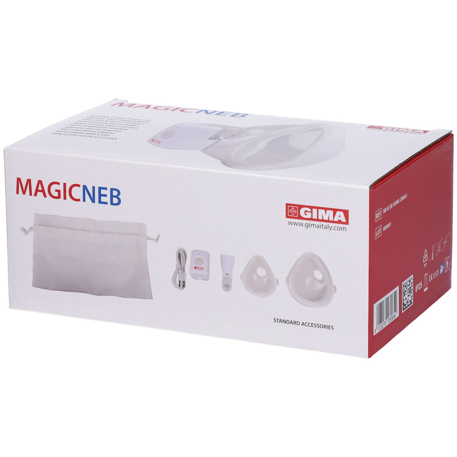 Confezione con immagine del prodotto. Scritta MAGICNEB e GIMA. Accessori standard.
