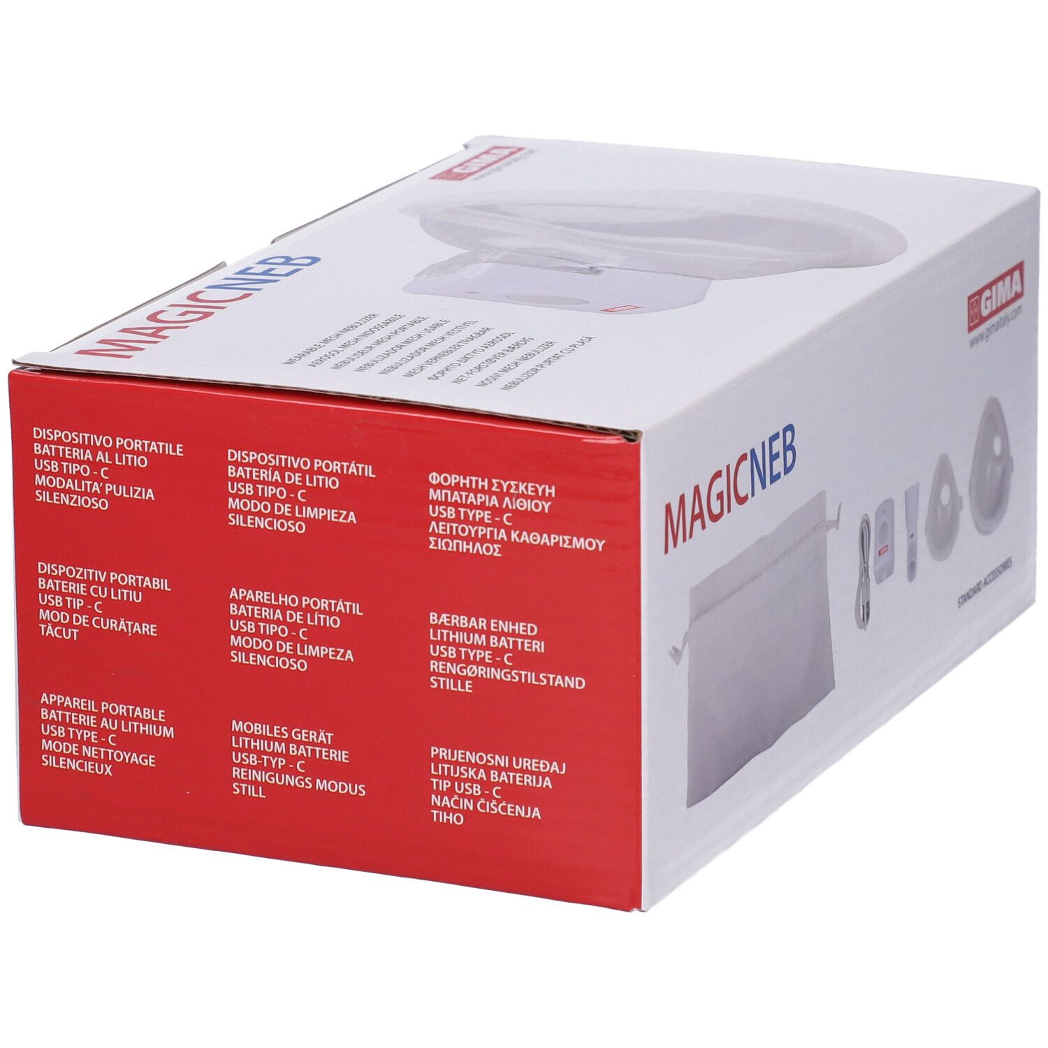 Confezione con immagine del prodotto. Scritta MAGICNEB e GIMA. Testi multilingue.