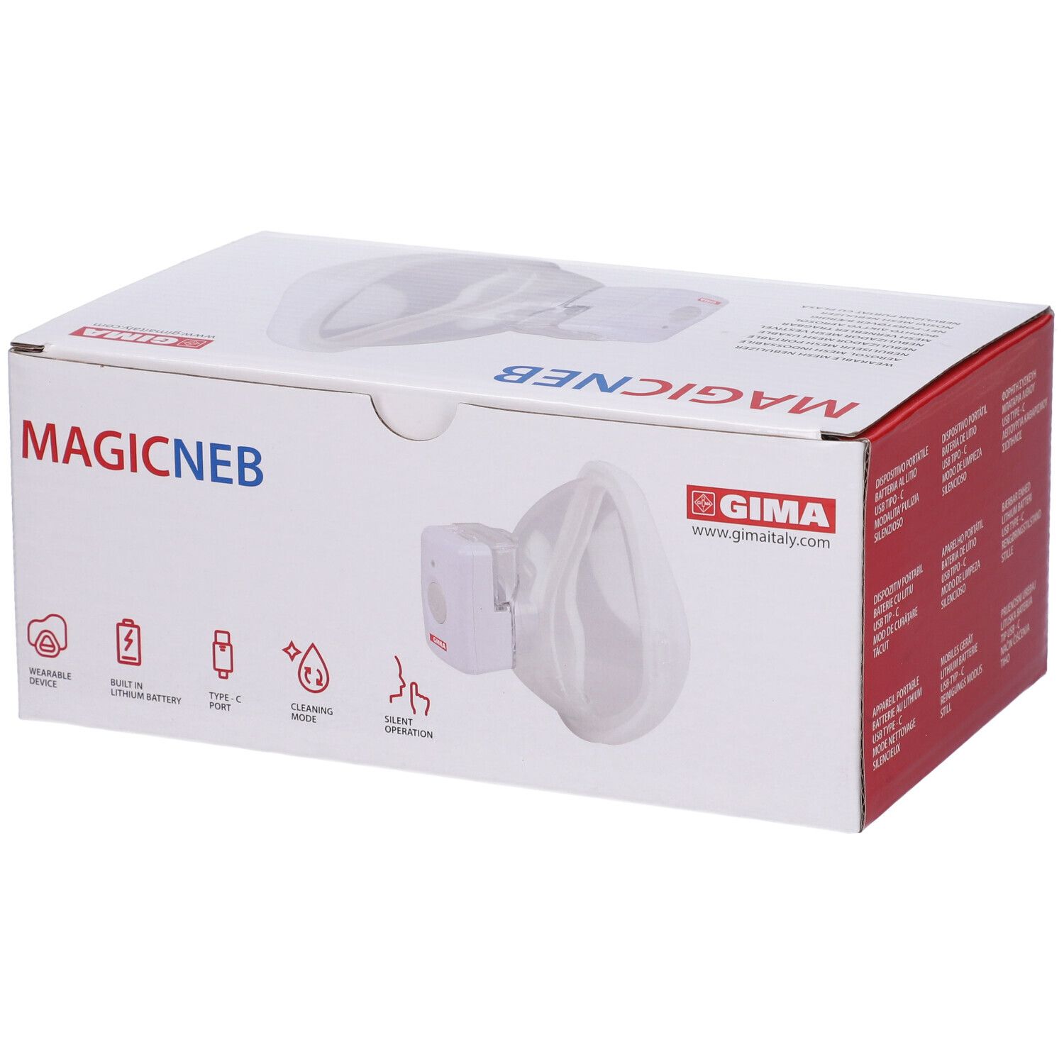 Confezione con immagine del prodotto. Scritta MAGICNEB e GIMA. Prodotto con maschera.