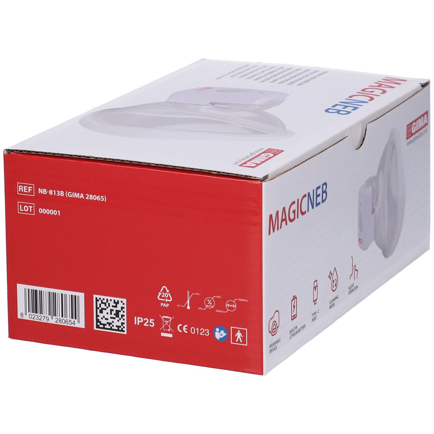 Confezione con immagine del prodotto. Scritta MAGICNEB e GIMA. Retro con informazioni.