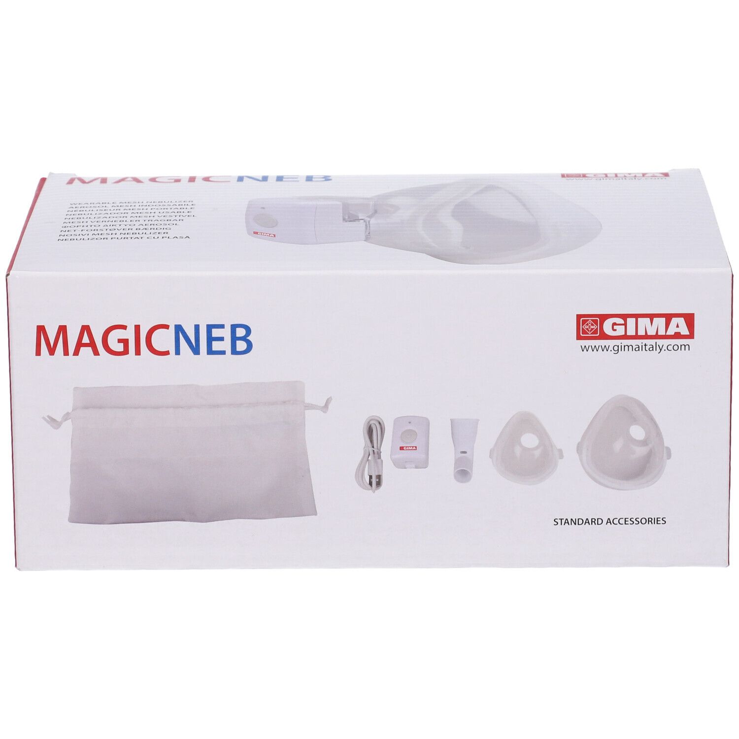 Confezione con immagine del prodotto. Scritta MAGICNEB e GIMA. Prodotto con maschera.