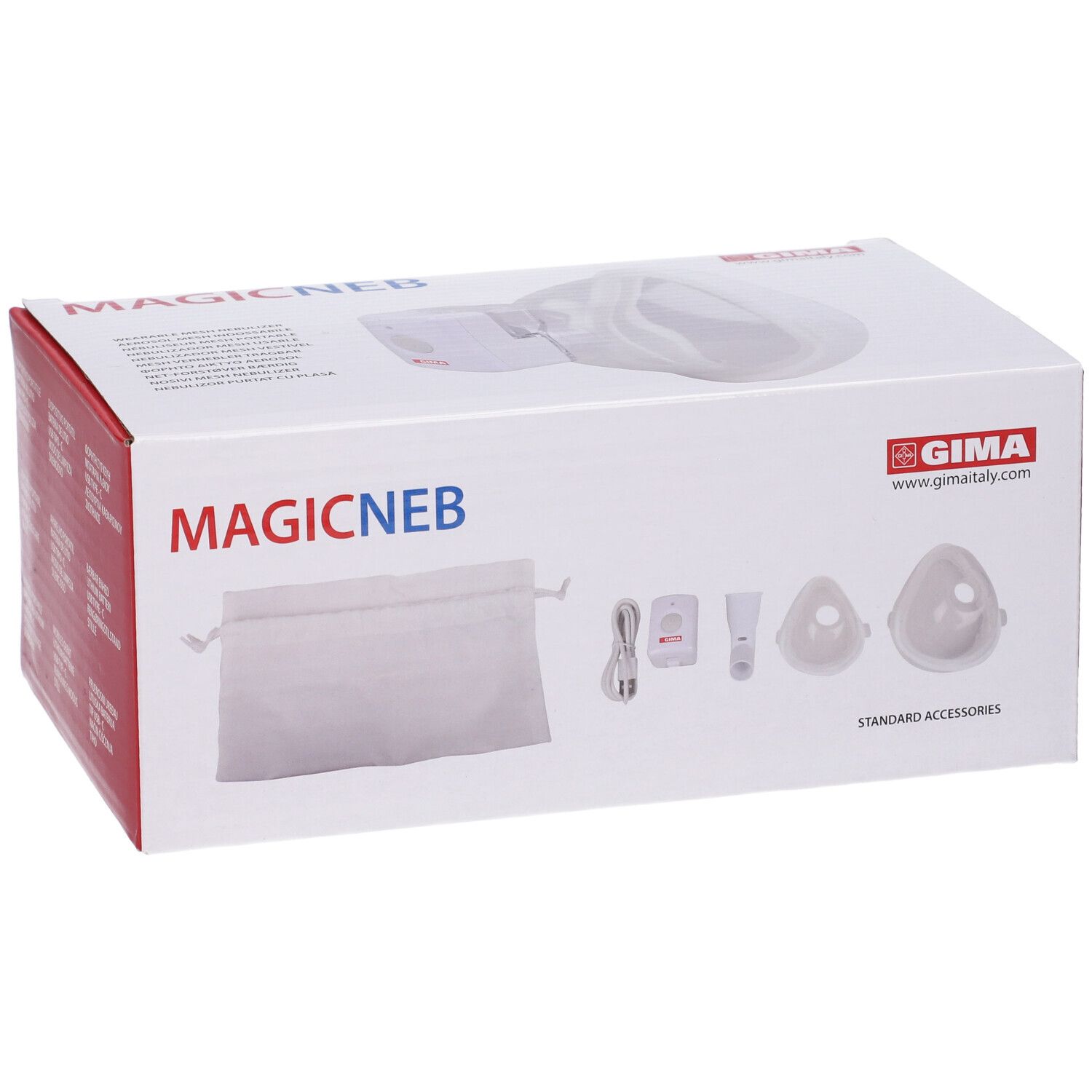 Confezione con immagine del prodotto. Scritta MAGICNEB e GIMA. Accessori standard.