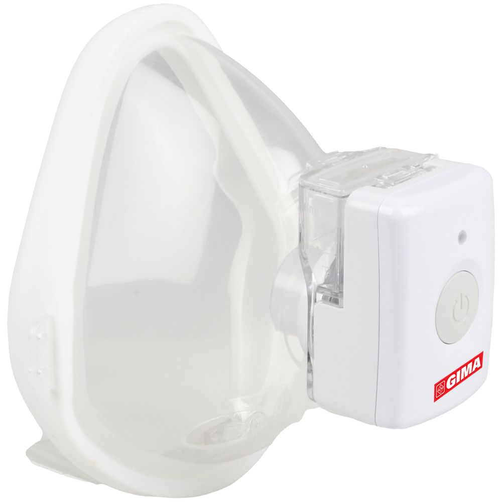 Dispositivo bianco con maschera e alloggiamento. Logo GIMA. Pulsante di accensione/spegnimento sull'alloggiamento.