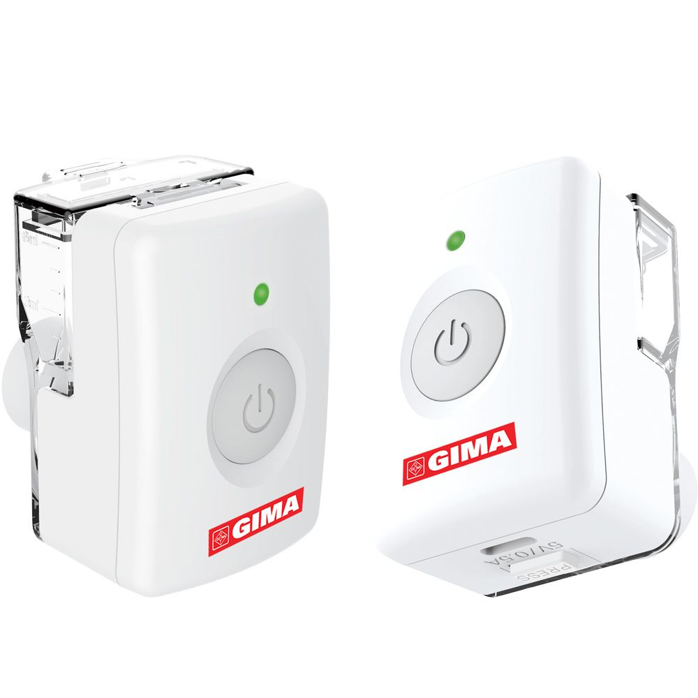 Due dispositivi bianchi con logo GIMA e pulsante di accensione/spegnimento. Luce verde. Forma rettangolare.