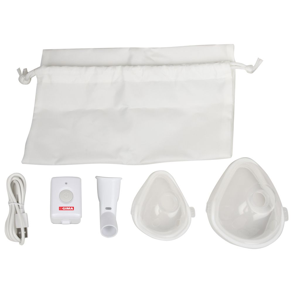 Set con sacchetto bianco, dispositivo, boccaglio, due maschere e cavo USB. Logo GIMA sul dispositivo.