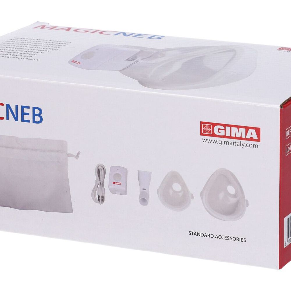 Confezione con immagine del prodotto. Scritta MAGICNEB e GIMA. Accessori standard.