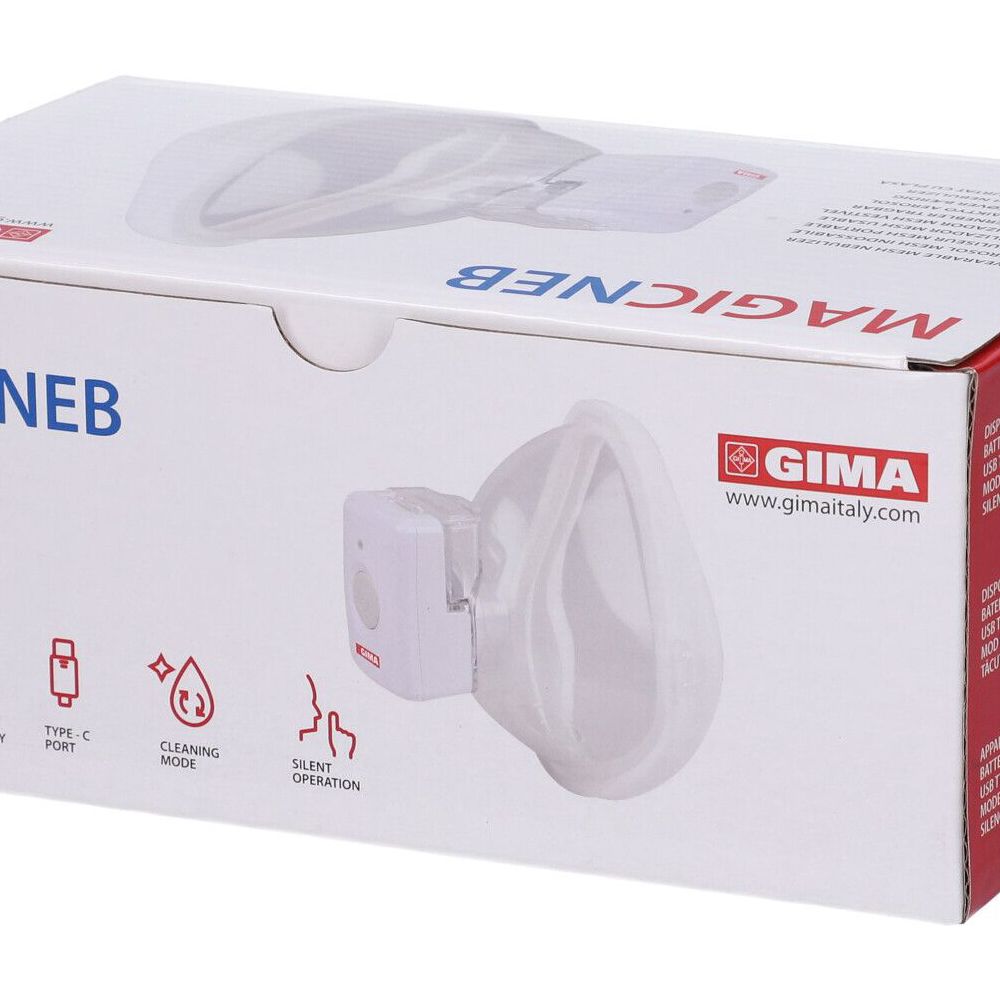 Confezione con immagine del prodotto. Scritta MAGICNEB e GIMA. Prodotto con maschera.