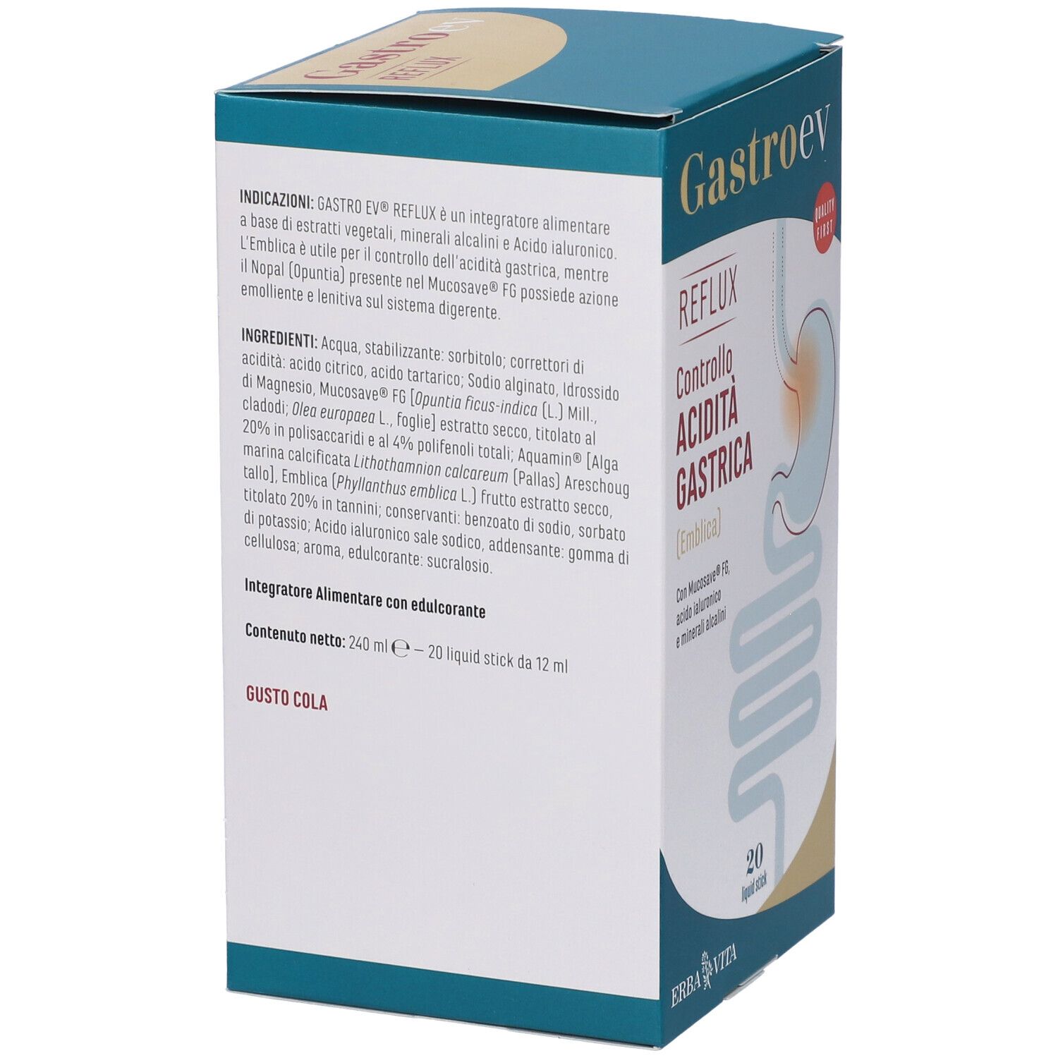 Retro della scatola con informazioni sul prodotto. Contiene ingredienti e istruzioni. Marca: Erba Vita.