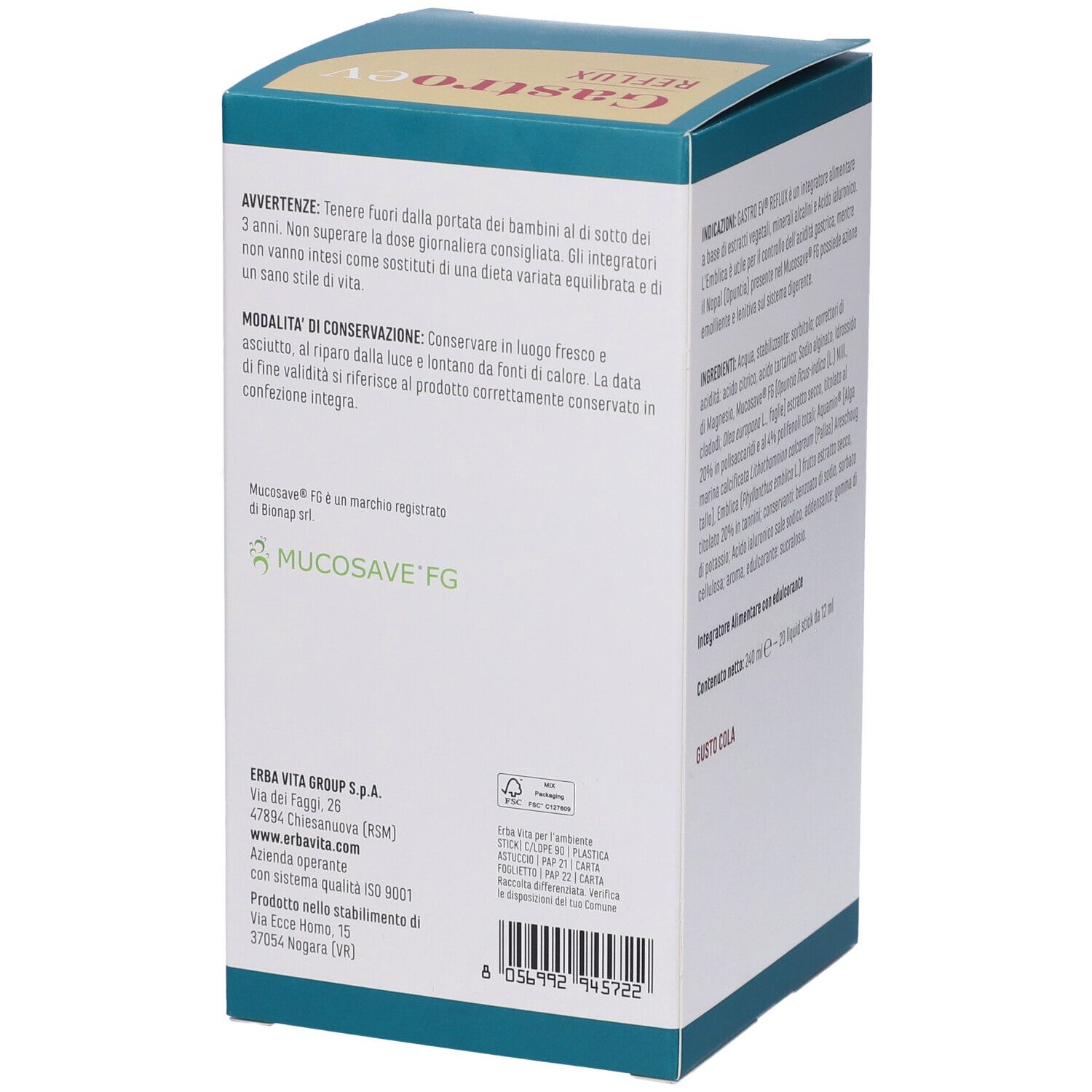 Scatola con avvertenze e informazioni del produttore. Contiene informazioni su Mucosave FG. Marca: Erba Vita.