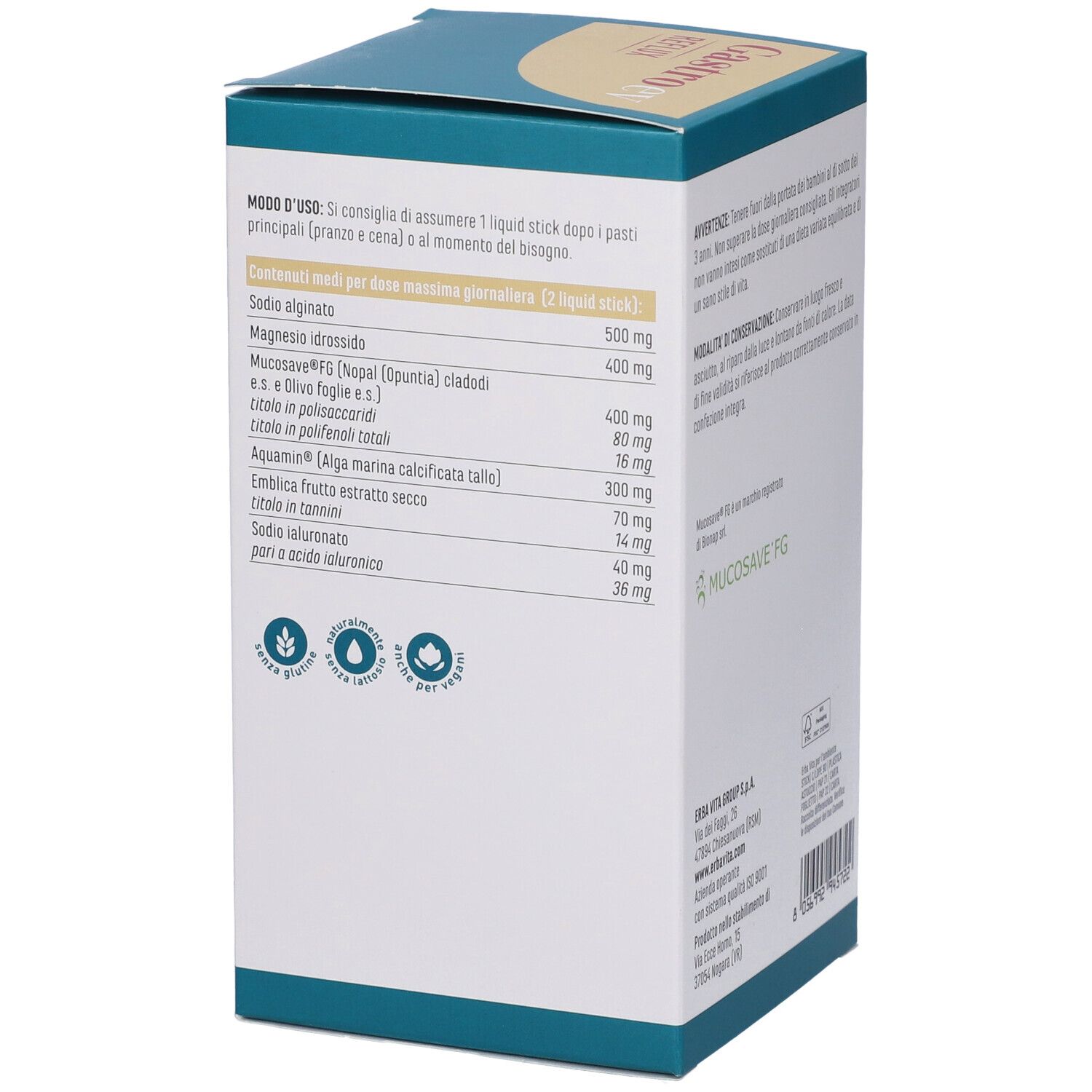 Lato della scatola con informazioni sugli ingredienti per dose giornaliera. Contiene informazioni sugli ingredienti. Marca: Erba Vita.