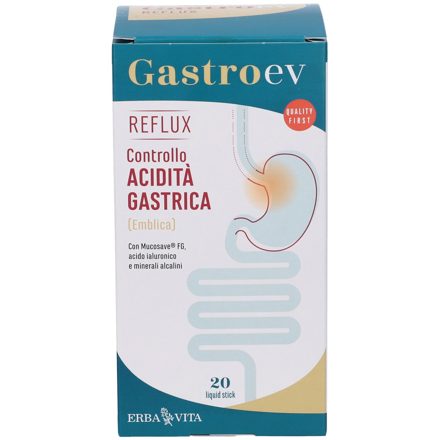 Fronte della scatola con nome del prodotto e illustrazione dell'apparato digerente. Contiene 20 stick liquidi. Marca: Erba Vita.