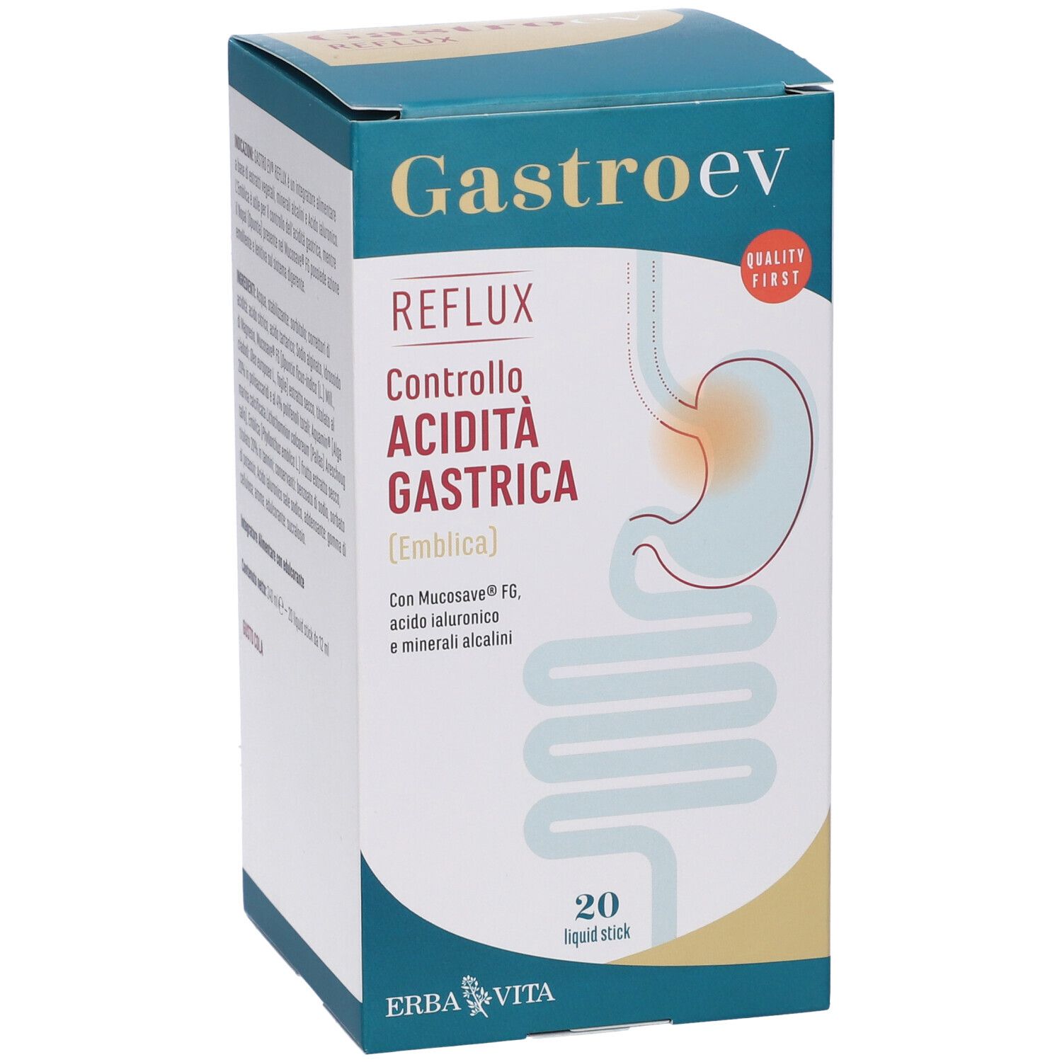 Fronte della scatola con nome del prodotto e illustrazione dell'apparato digerente. Contiene 20 stick liquidi. Marca: Erba Vita.