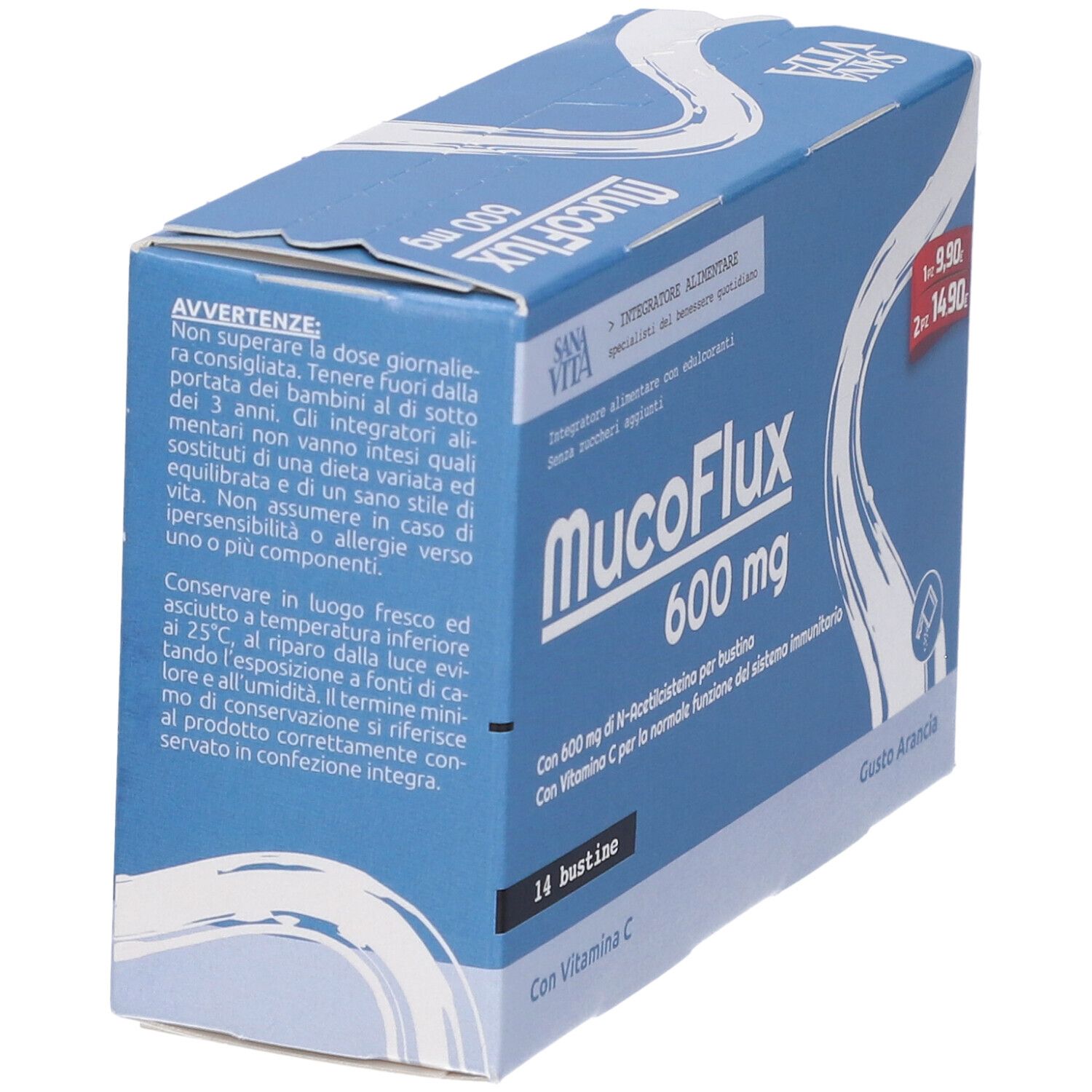 Scatola SanaVita MucoFlux 600 mg. Contiene 14 bustine. Testo in italiano. Gusto arancia. Con vitamina C.