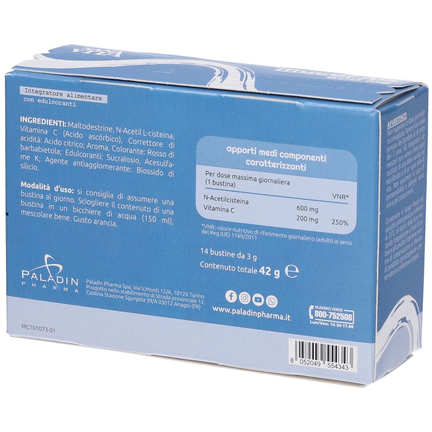 Retro confezione SanaVita MucoFlux 600 mg. Contiene ingredienti e informazioni nutrizionali. Gusto arancia.