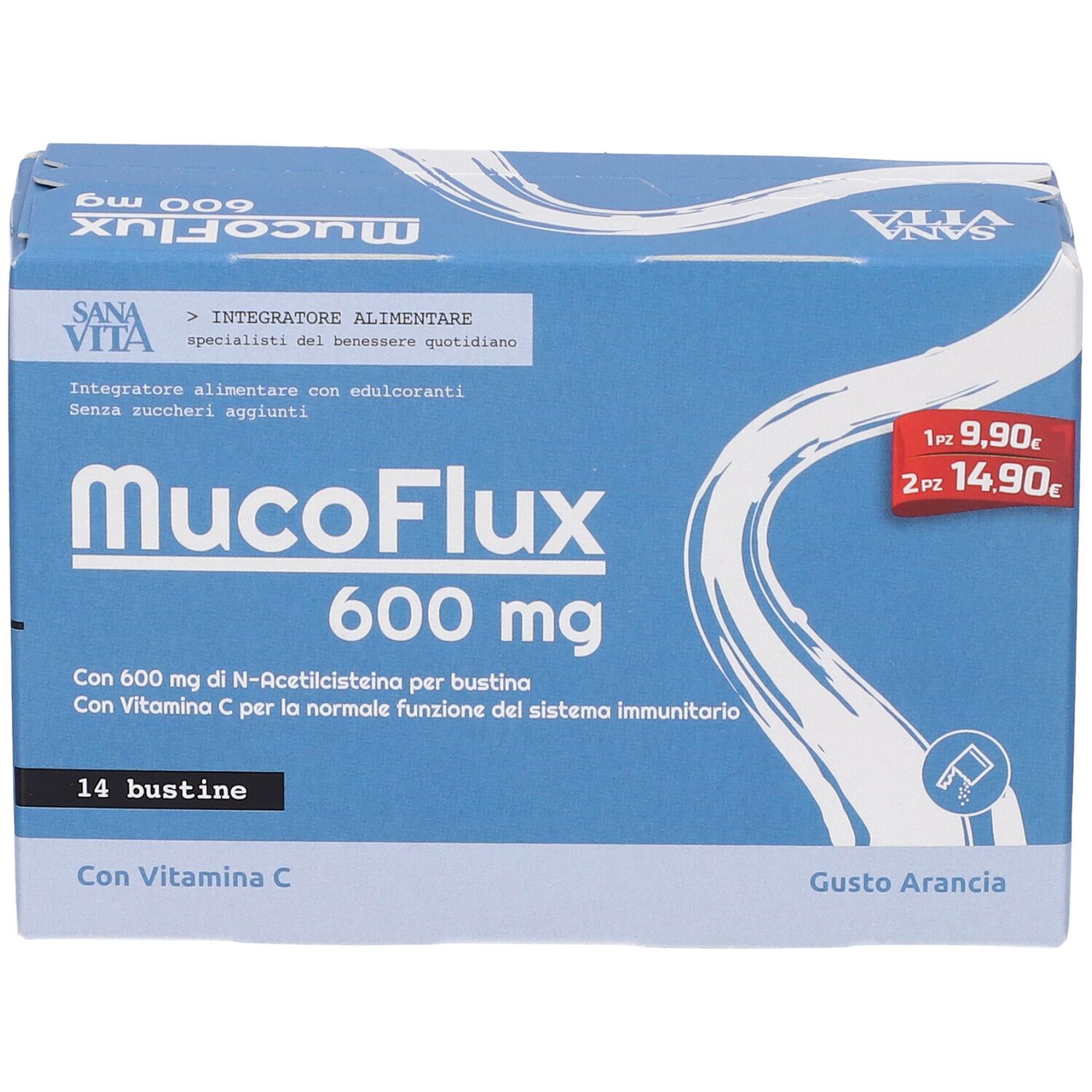 Scatola blu e bianca SanaVita MucoFlux 600 mg. Contiene 14 bustine. Gusto arancia. Con vitamina C.