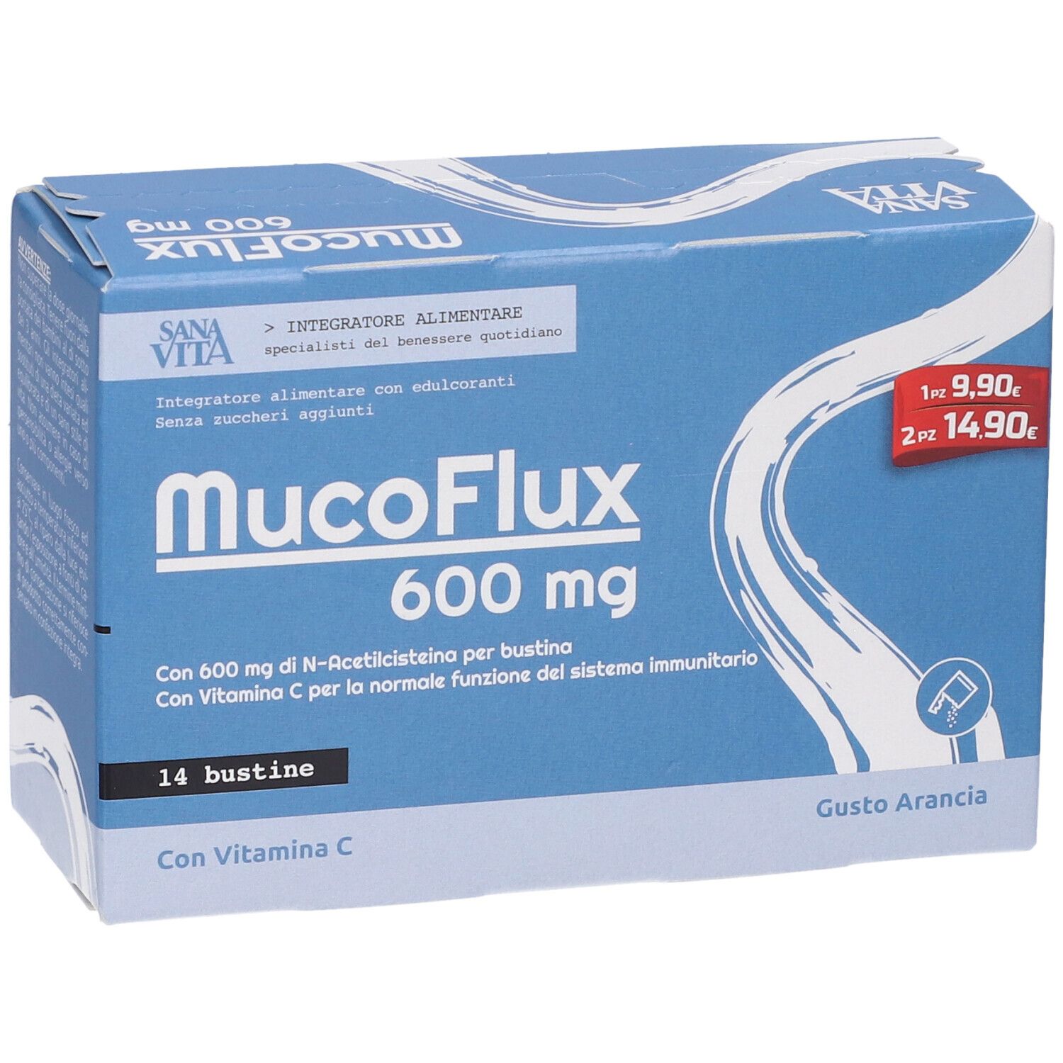 Scatola blu e bianca SanaVita MucoFlux 600 mg. Contiene 14 bustine. Gusto arancia. Con vitamina C.