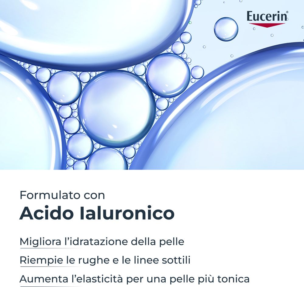 Primo piano di bolle d'acqua. Testo: Formulato con acido ialuronico. Migliora l'idratazione della pelle.