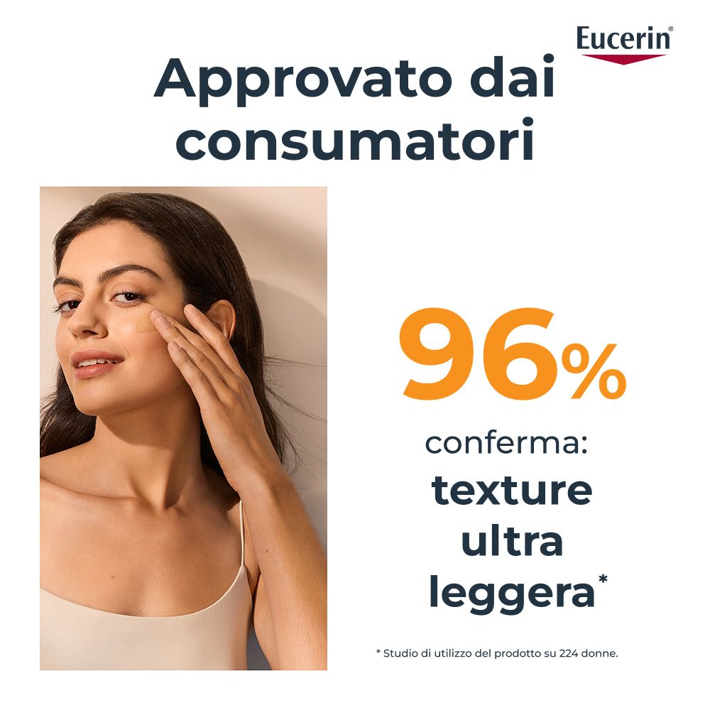 Donna con protezione solare colorata. Testo: 96% confermano: texture ultra leggera.