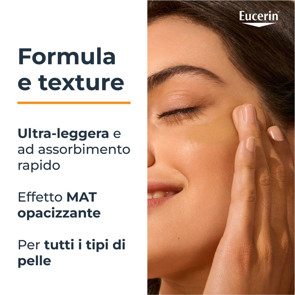 Donna con protezione solare colorata. Testo: Ultra-leggero e rapido assorbimento. Effetto MAT. Per tutti i tipi di pelle.