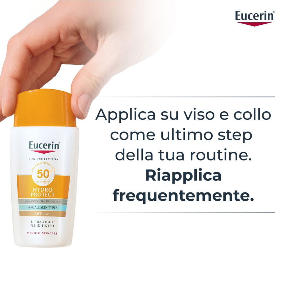 Mano che tiene flacone Eucerin Hydro Protect. Testo: Applicare su viso e collo. Riapplicare frequentemente.