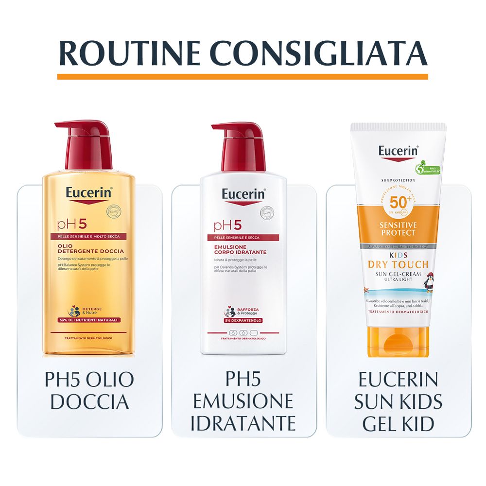 Routine consigliata: Eucerin pH5 Olio doccia, Emulsione, e Kids Sun Gel-Cream. Su sfondo bianco.