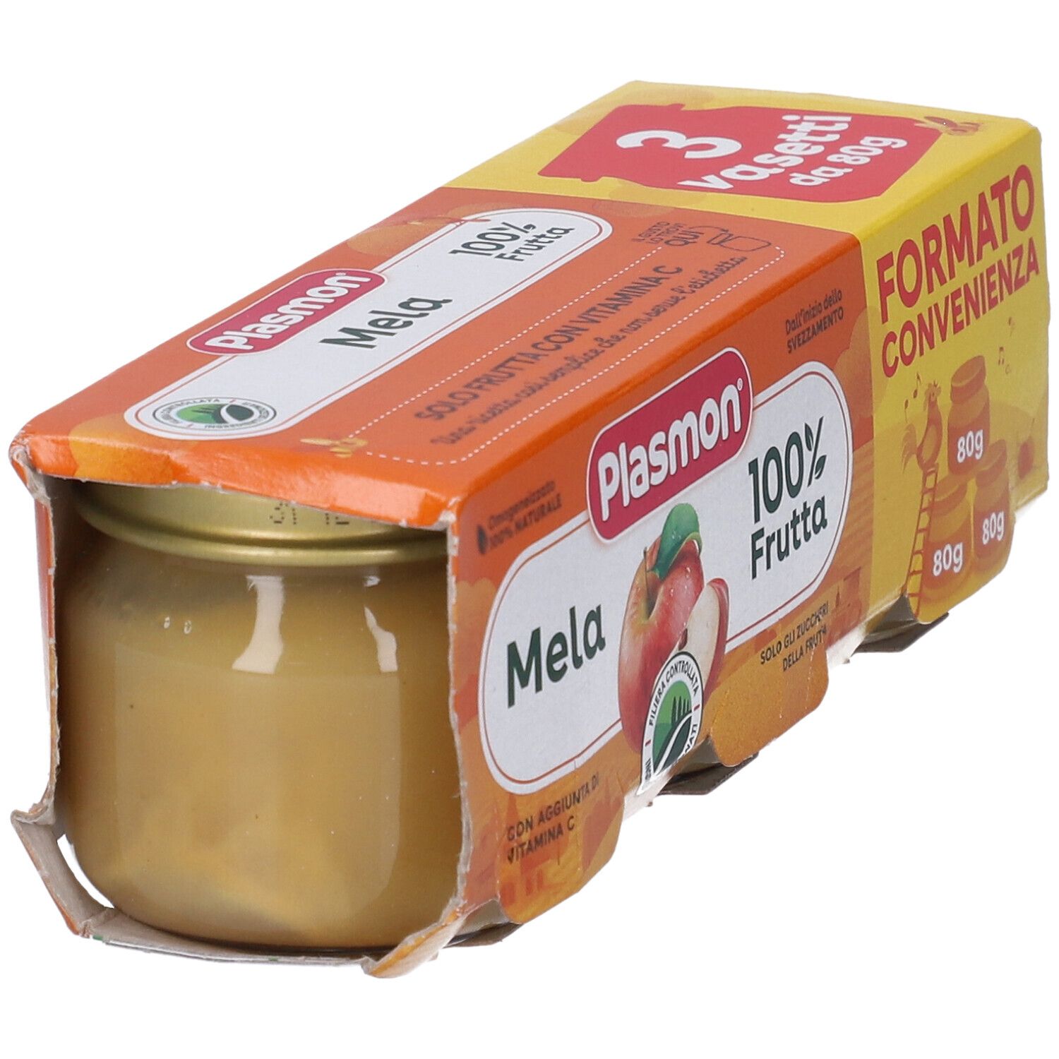 Confezione aperta con un vasetto Plasmon Mela. Confezione arancione con nome prodotto e immagine mela.