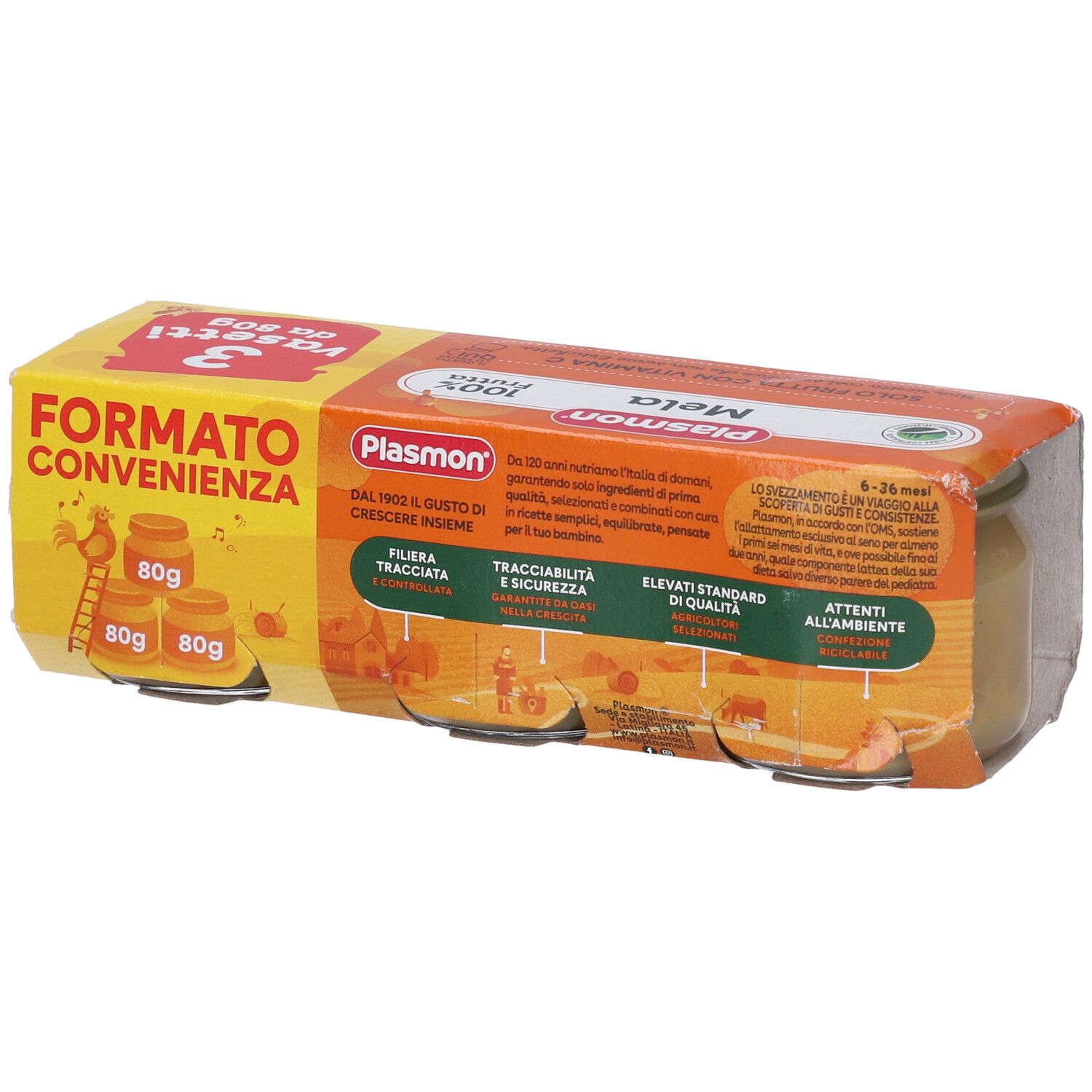 Retro della confezione di tre vasetti Plasmon Mela. Confezione arancione con informazioni sul prodotto.