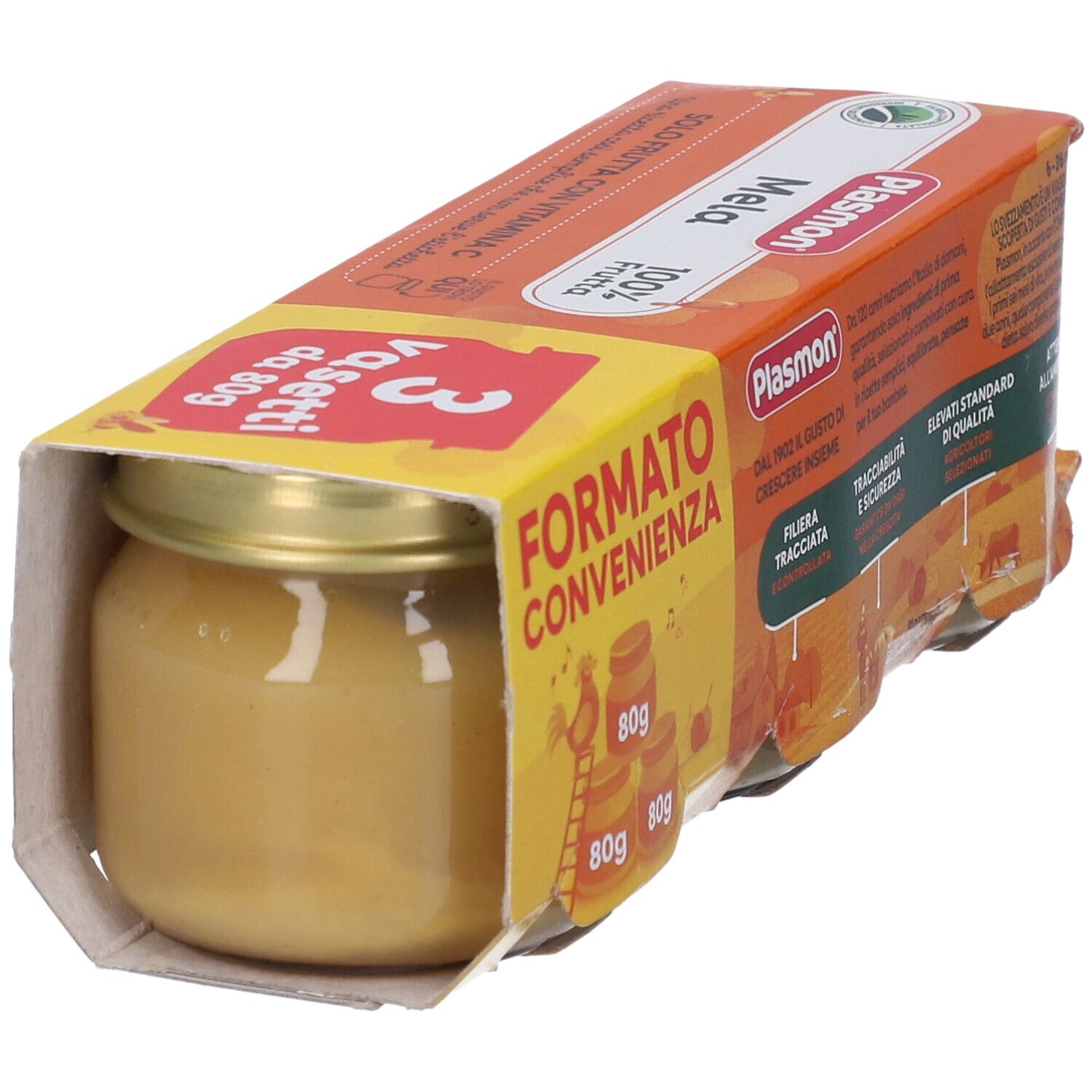 Confezione aperta con un vasetto Plasmon Mela. Confezione arancione con nome prodotto e immagine mela.