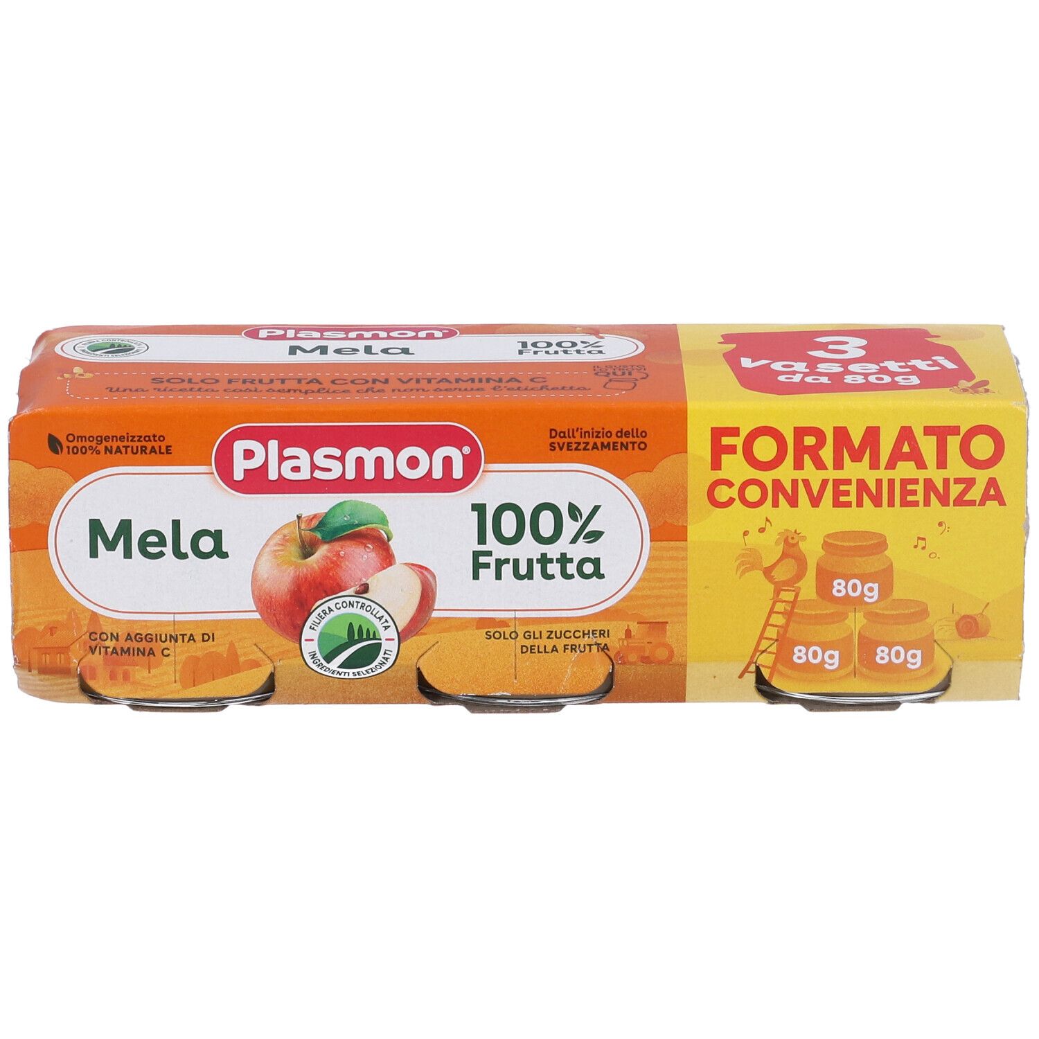 Confezione di tre vasetti Plasmon Mela, 100% frutta. Confezione arancione con nome prodotto e immagine mela.